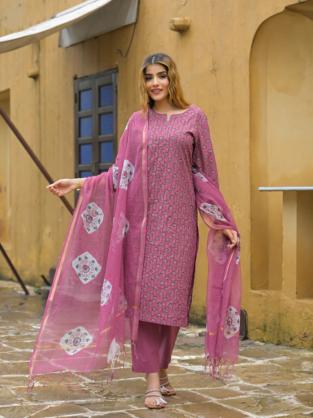 Pink Embroidered Cotton Straight Kurta Pant Set With Dupatta