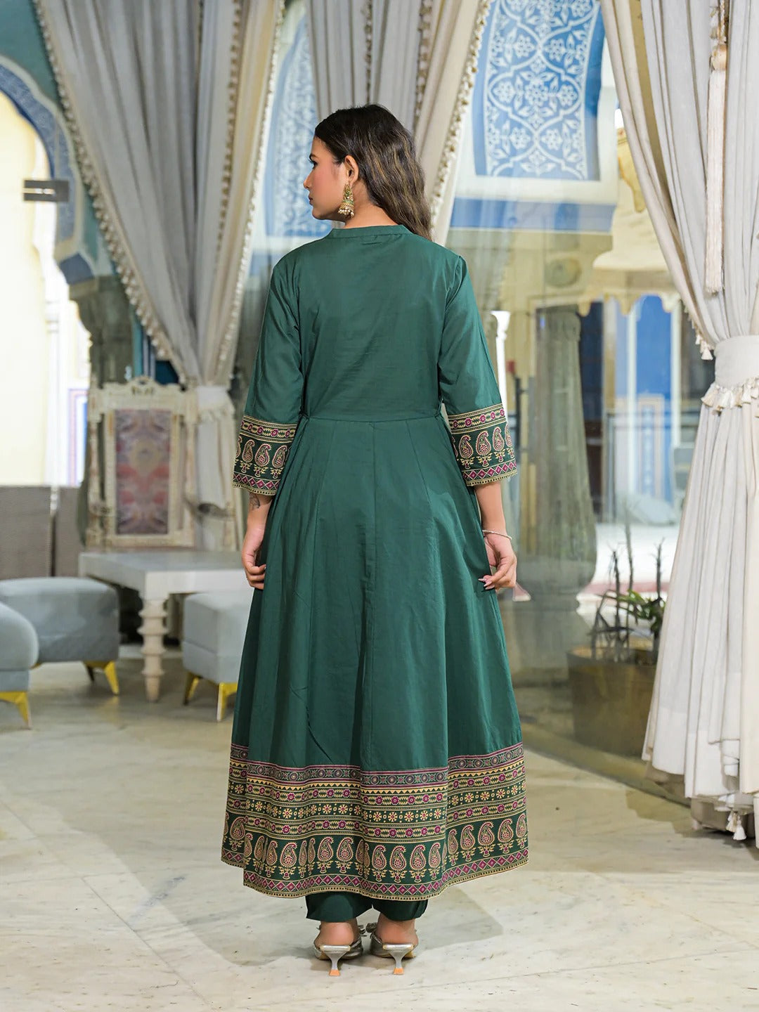 Green Paisley Print Cotton Anarkali Kurta Pant Set With Dupatta