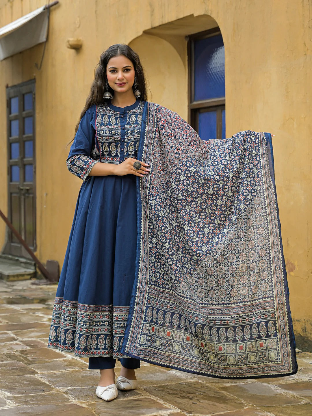 Blue Paisley Print Cotton Anarkali Kurta Pant Set With Dupatta