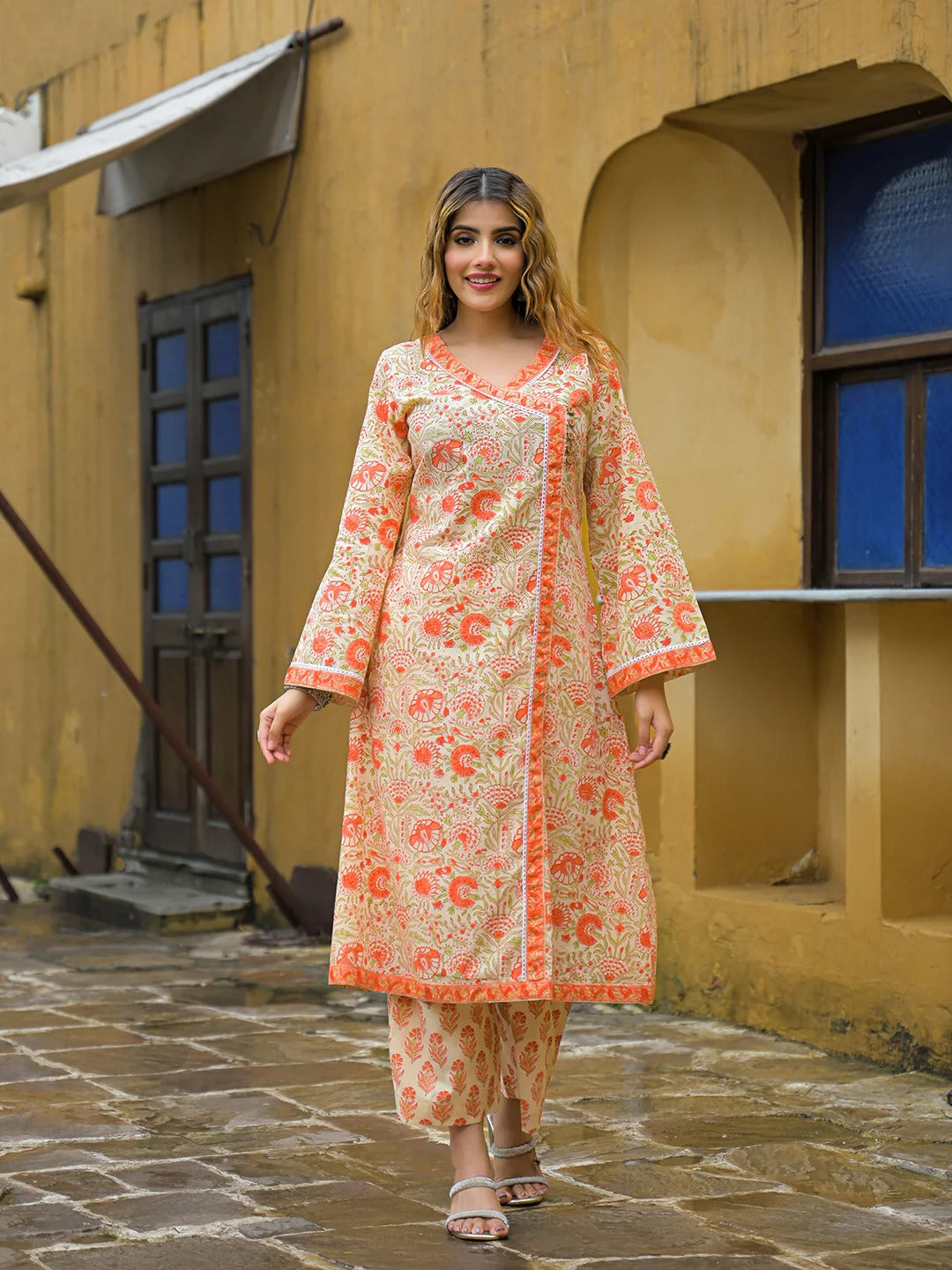 Orange Straight Floral Print Cotton Kurta Sets With Dupatta