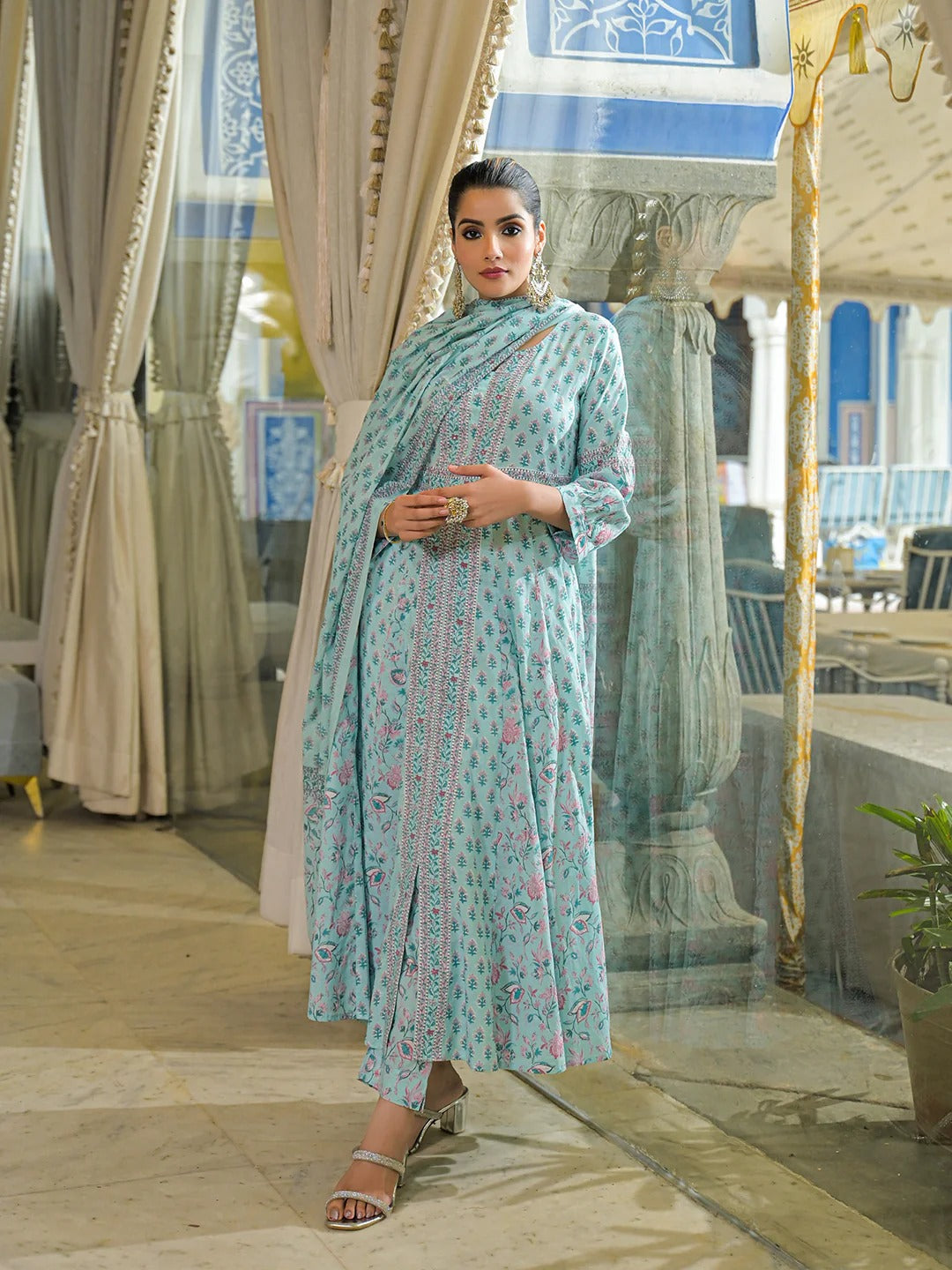 Sky Blue Ethnic Motif Cotton Anarkali Kurta Pant With Dupatta