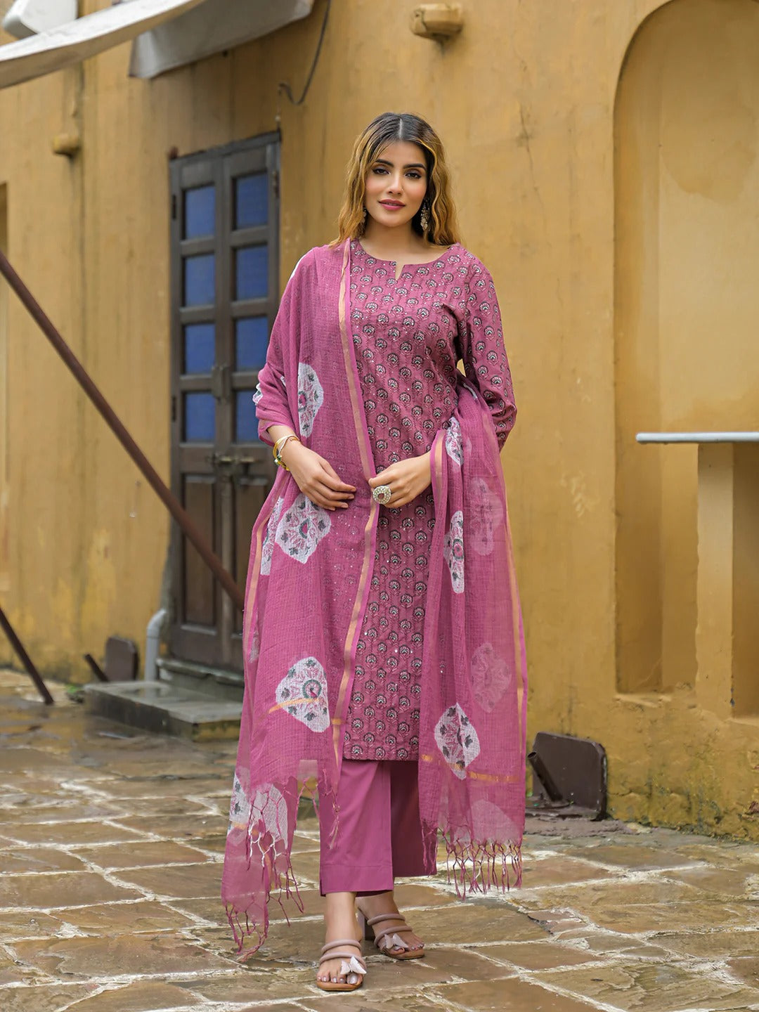 Pink Embroidered Cotton Straight Kurta Pant Set With Dupatta