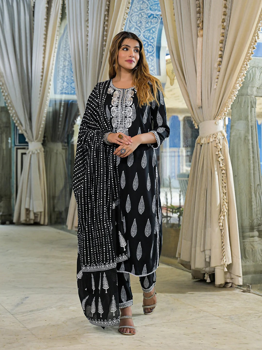 Black Embroidered Cotton Straight Kurta Pant Set With Dupatta