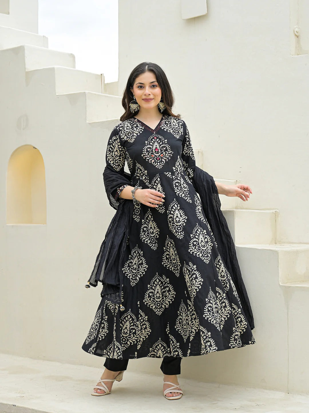 Black Cotton Anarkali kurta Pant Set with Dupatta