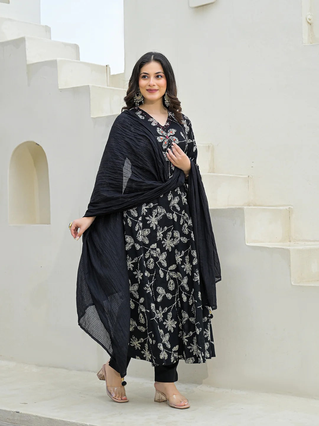 Black Cotton Anarkali kurta Pant Set with Dupatta
