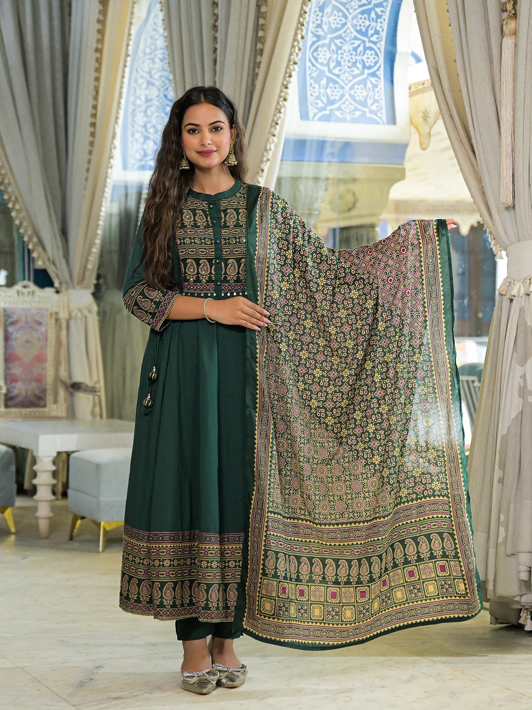 Green Paisley Print Cotton Anarkali Kurta Pant Set With Dupatta