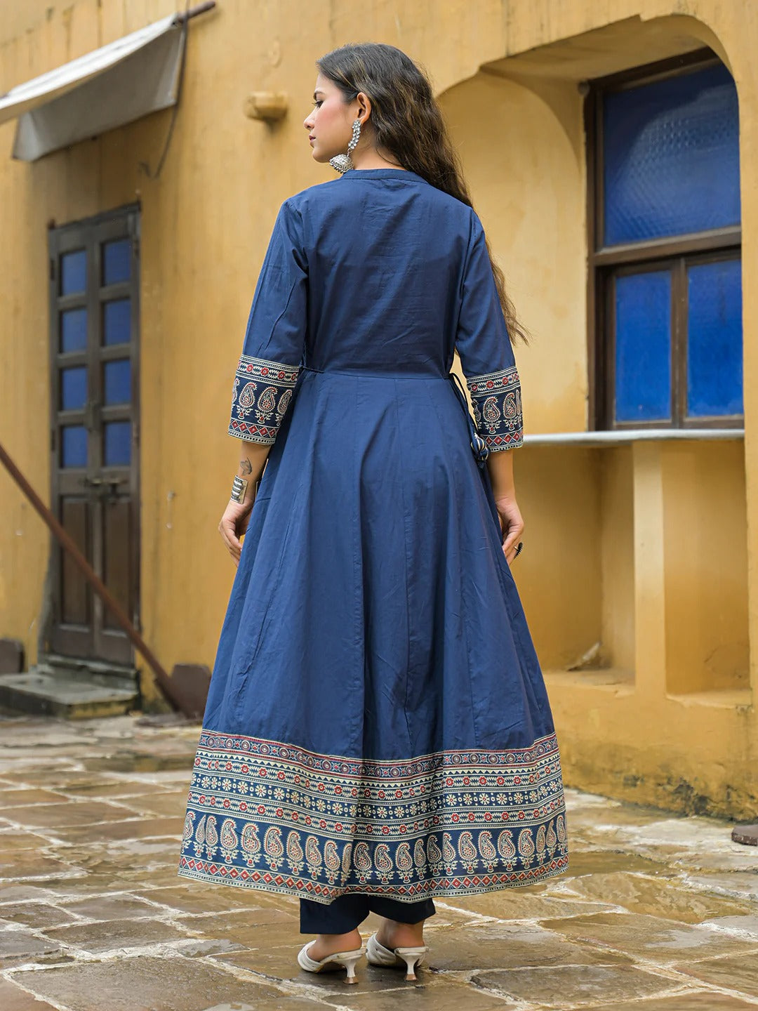 Blue Paisley Print Cotton Anarkali Kurta Pant Set With Dupatta