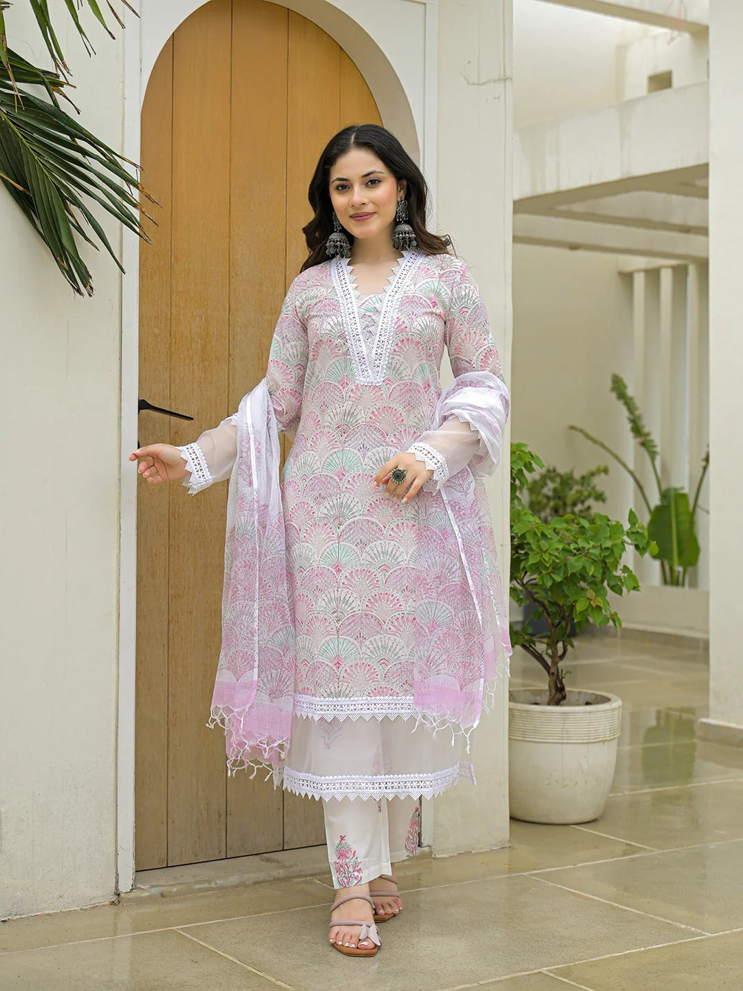 White Cotton Hand Block Straight Kurta Pant Sets With Dupatta