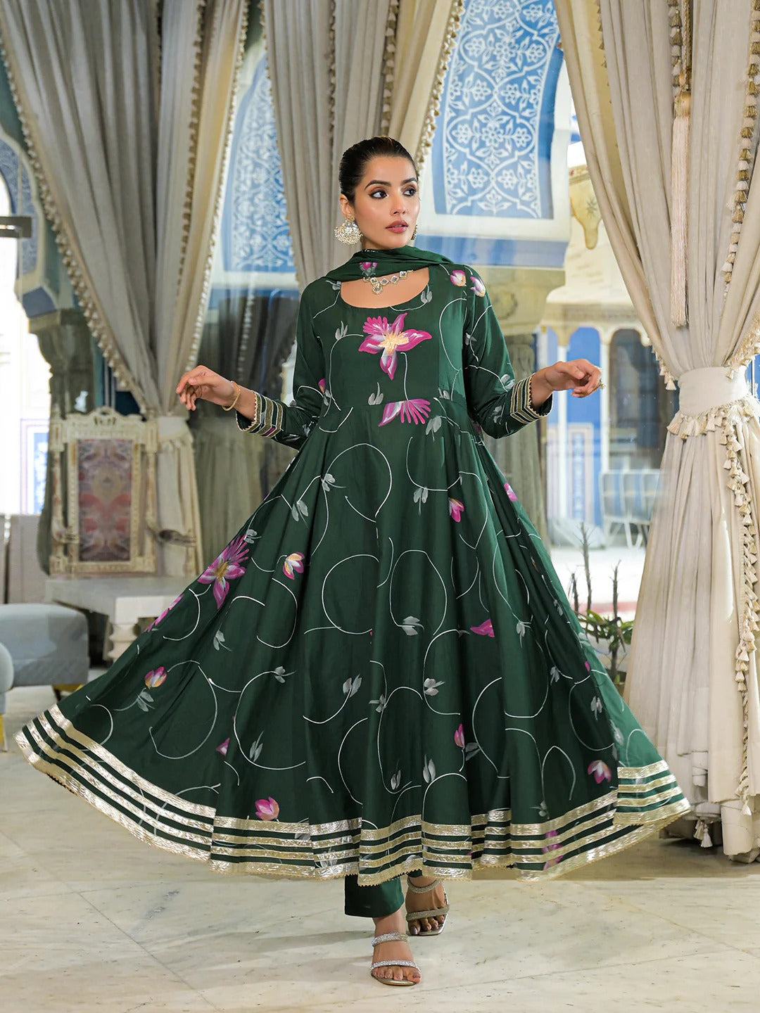 Dark Green Hand Painted Cotton Anarkali Kurta Pant With Dupatta