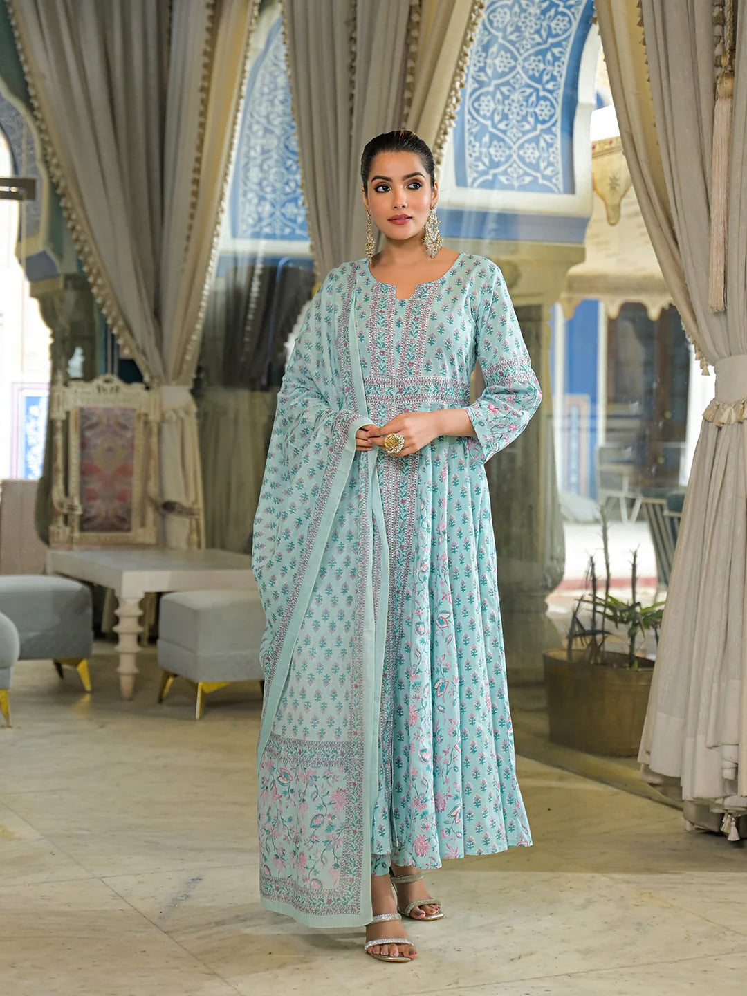 Sky Blue Ethnic Motif Cotton Anarkali Kurta Pant With Dupatta