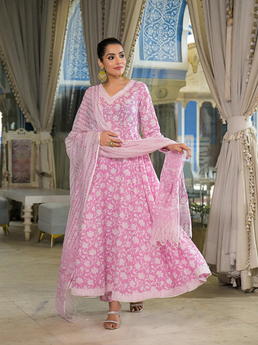 Pink Hand Block Cotton Anarkali Kurta Pant With Dupatta
