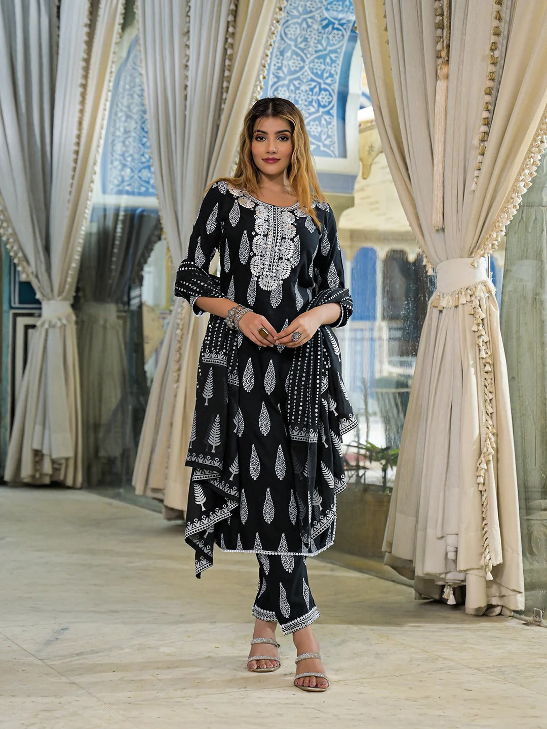 Black Embroidered Cotton Straight Kurta Pant Set With Dupatta