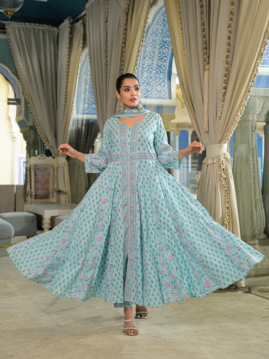 Sky Blue Ethnic Motif Cotton Anarkali Kurta Pant With Dupatta