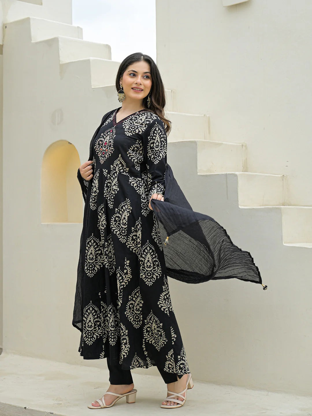 Black Cotton Anarkali kurta Pant Set with Dupatta