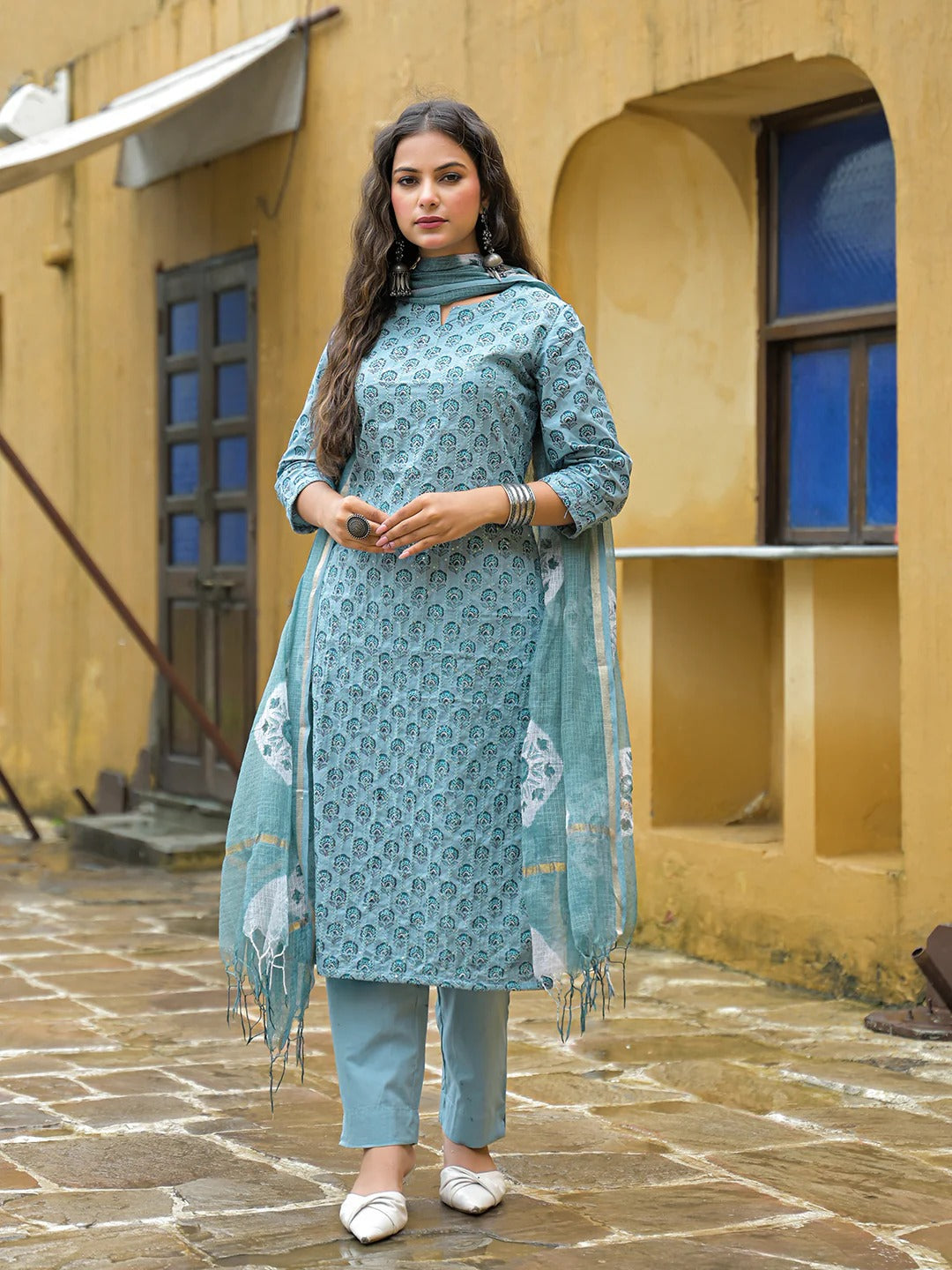 Blue Embroidered Kurta Pant Set With Dupatta