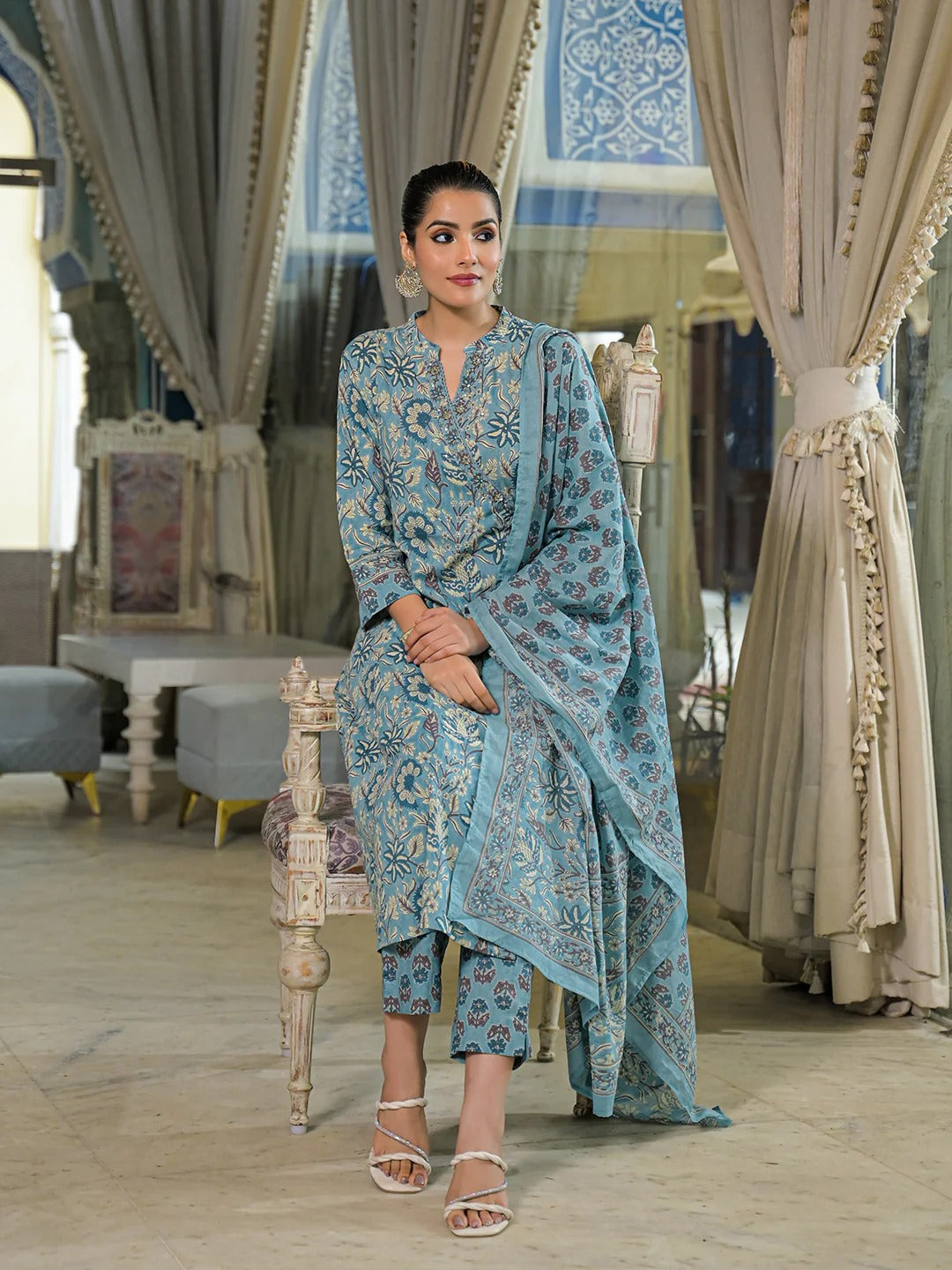 Blue Floral Print Cotton A-Line Kurta Pant With Dupatta