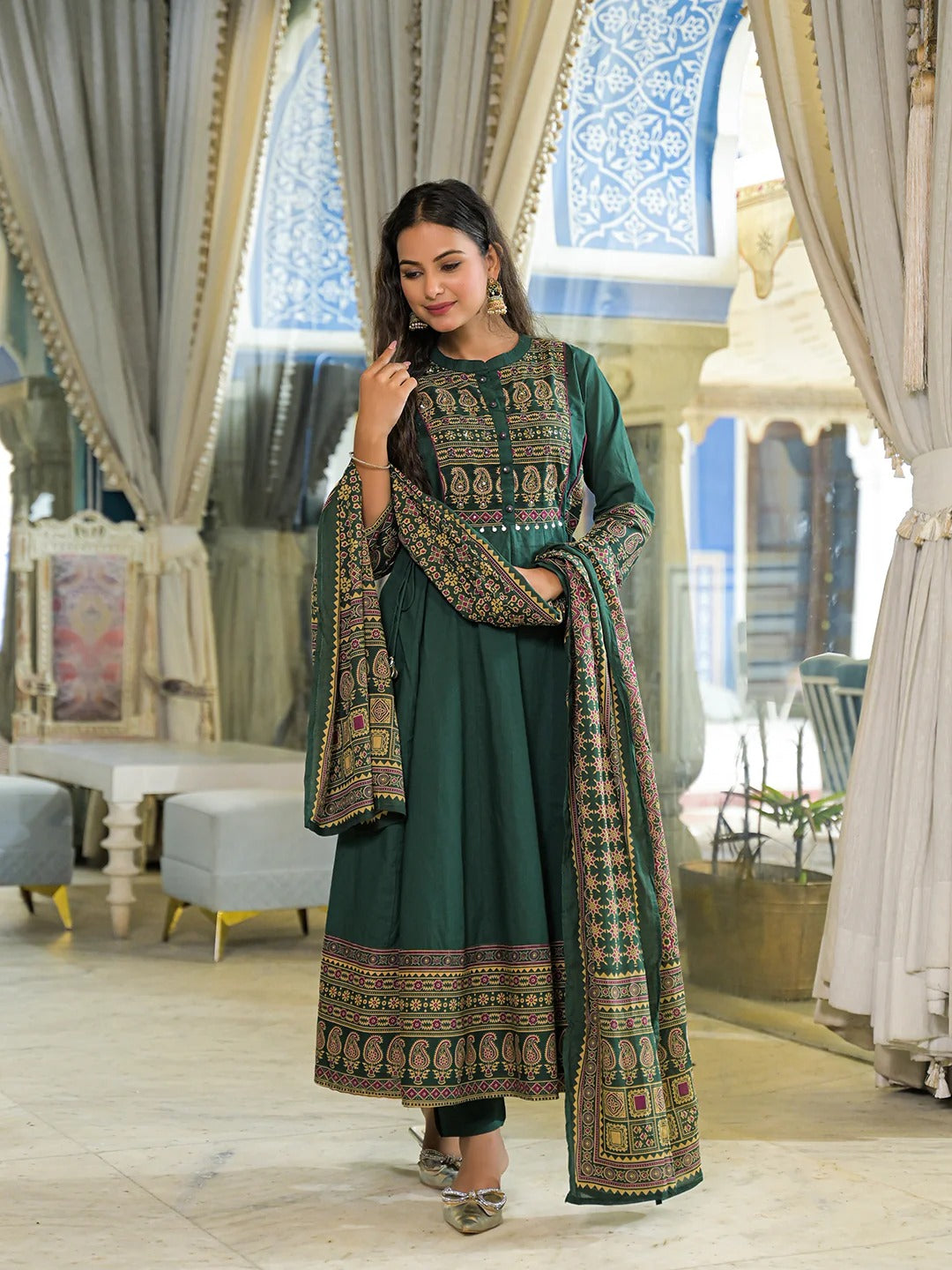 Green Paisley Print Cotton Anarkali Kurta Pant Set With Dupatta