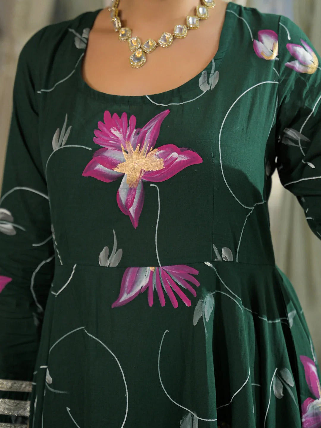 Dark Green Hand Painted Cotton Anarkali Kurta Pant With Dupatta