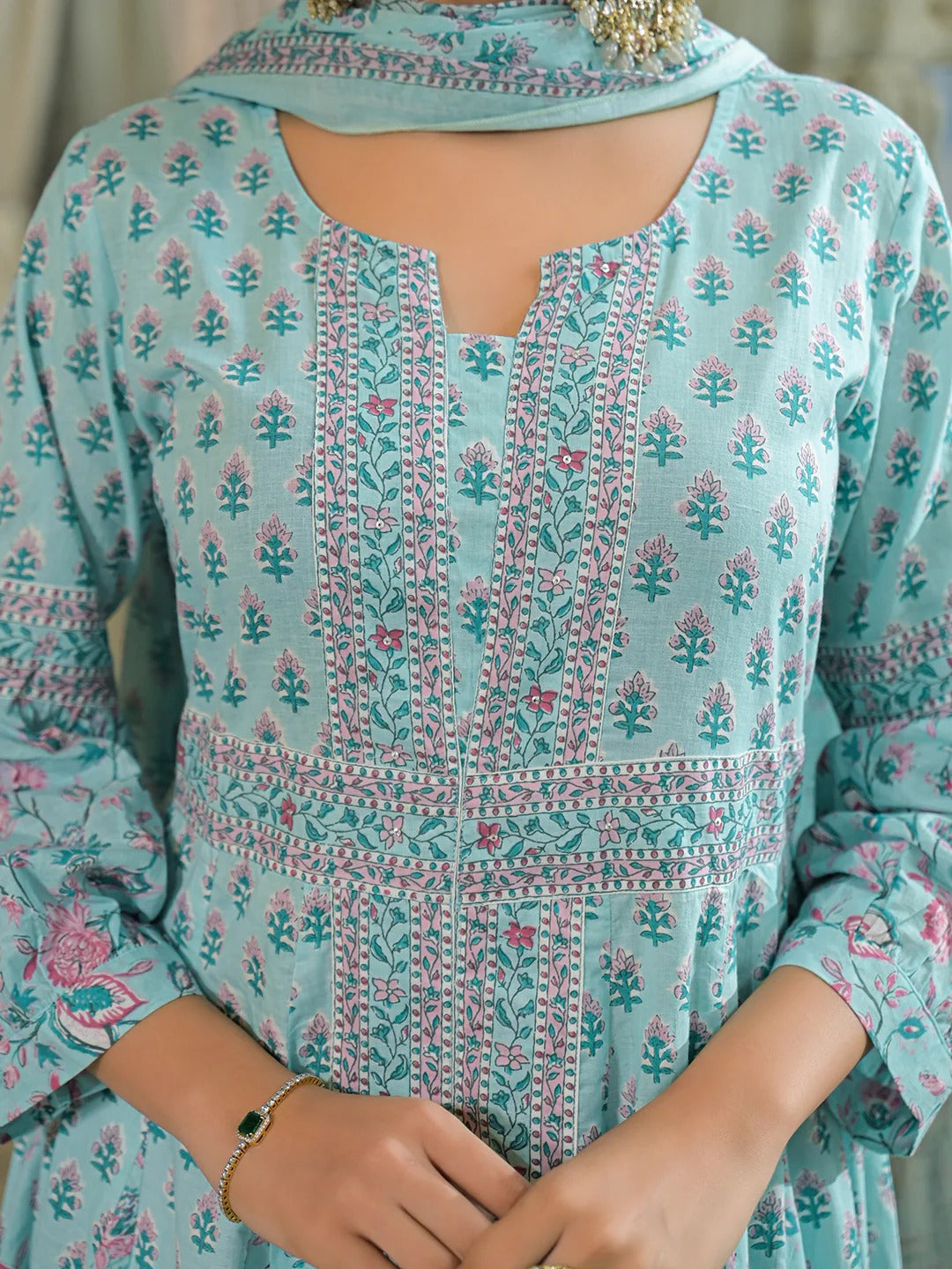 Sky Blue Ethnic Motif Cotton Anarkali Kurta Pant With Dupatta