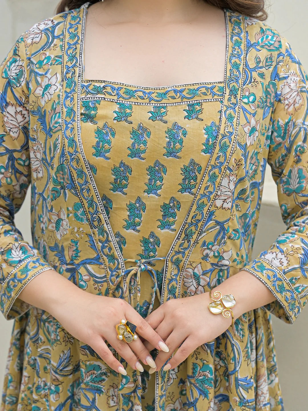 Beige Cotton Hand Block Anarkali Kurta Pant Sets Dupatta with Jecket