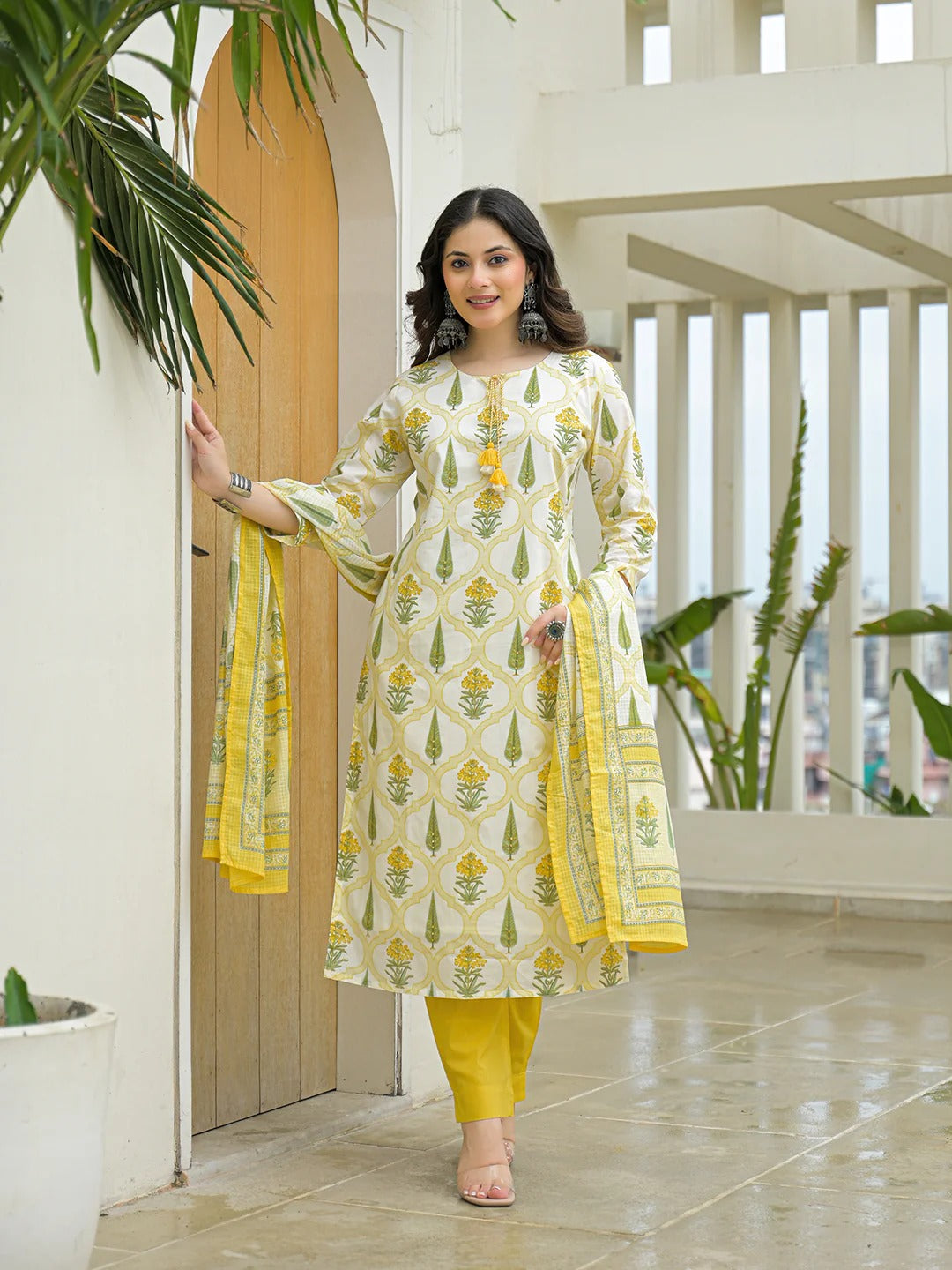 Yellow Cotton Straight Kurta Pant Set with Dupattta