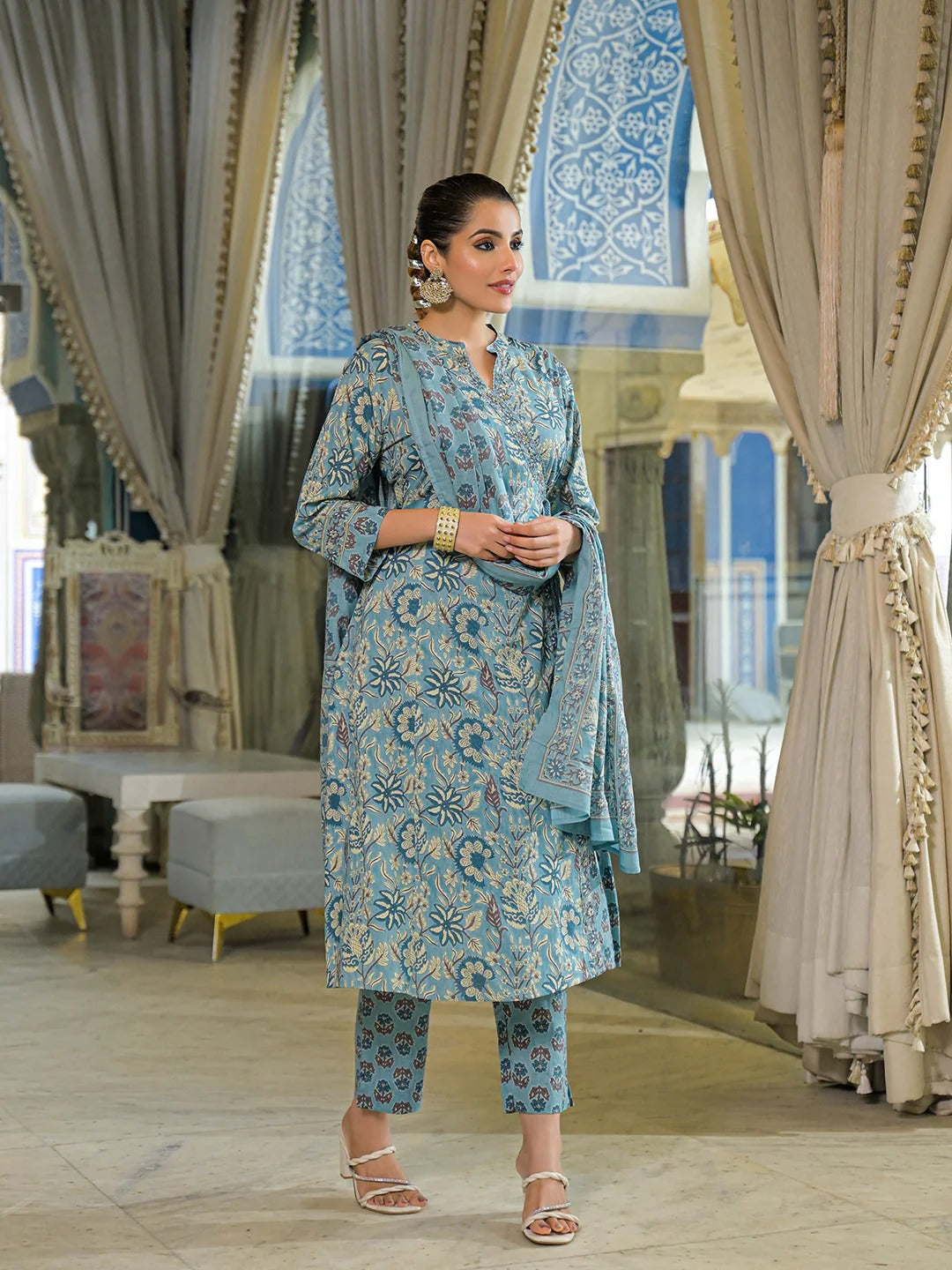 Blue Floral Print Cotton A-Line Kurta Pant With Dupatta