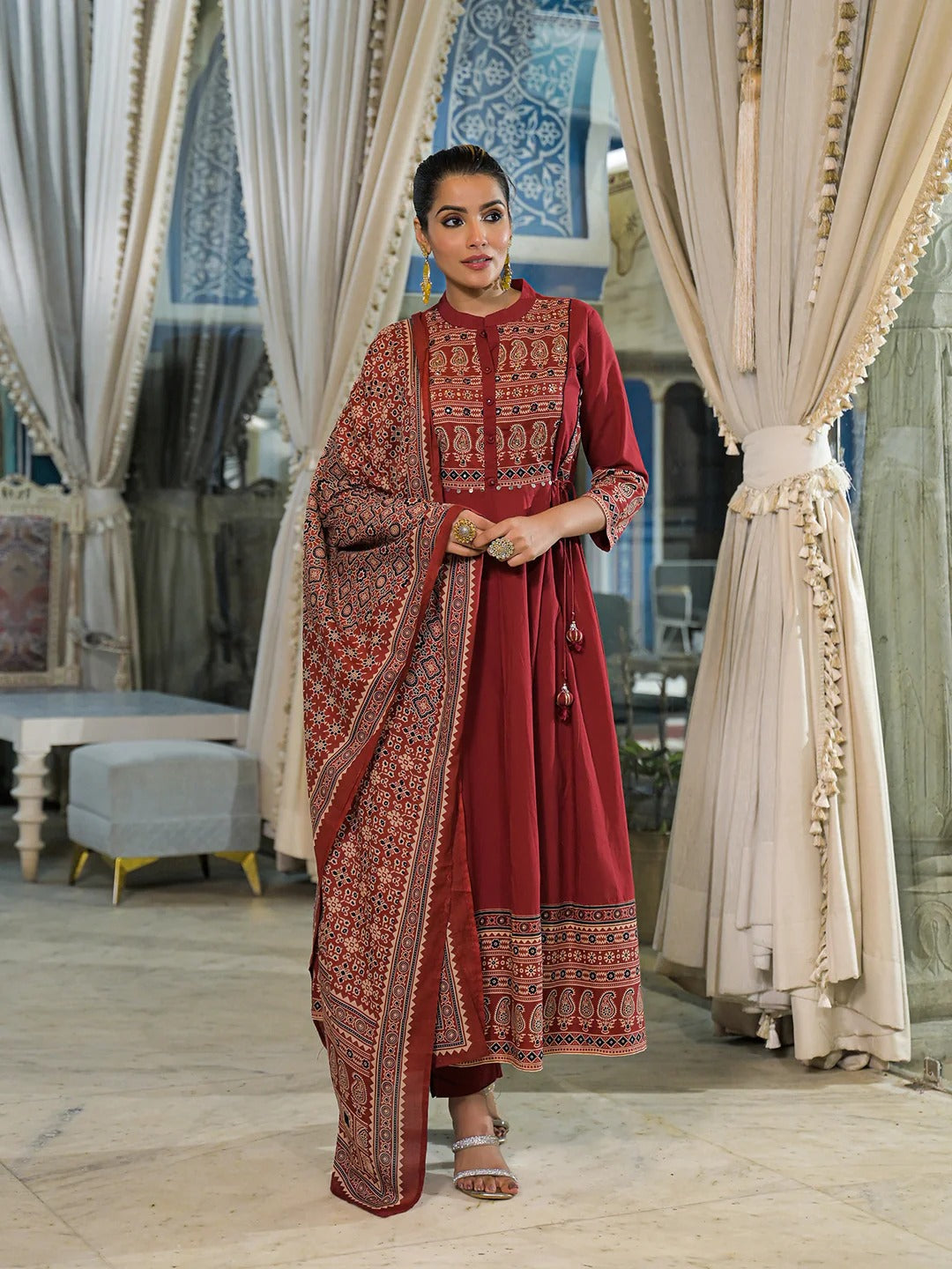 Red Paisley Print Cotton Anarkali Kurta Pant Set With Dupatta