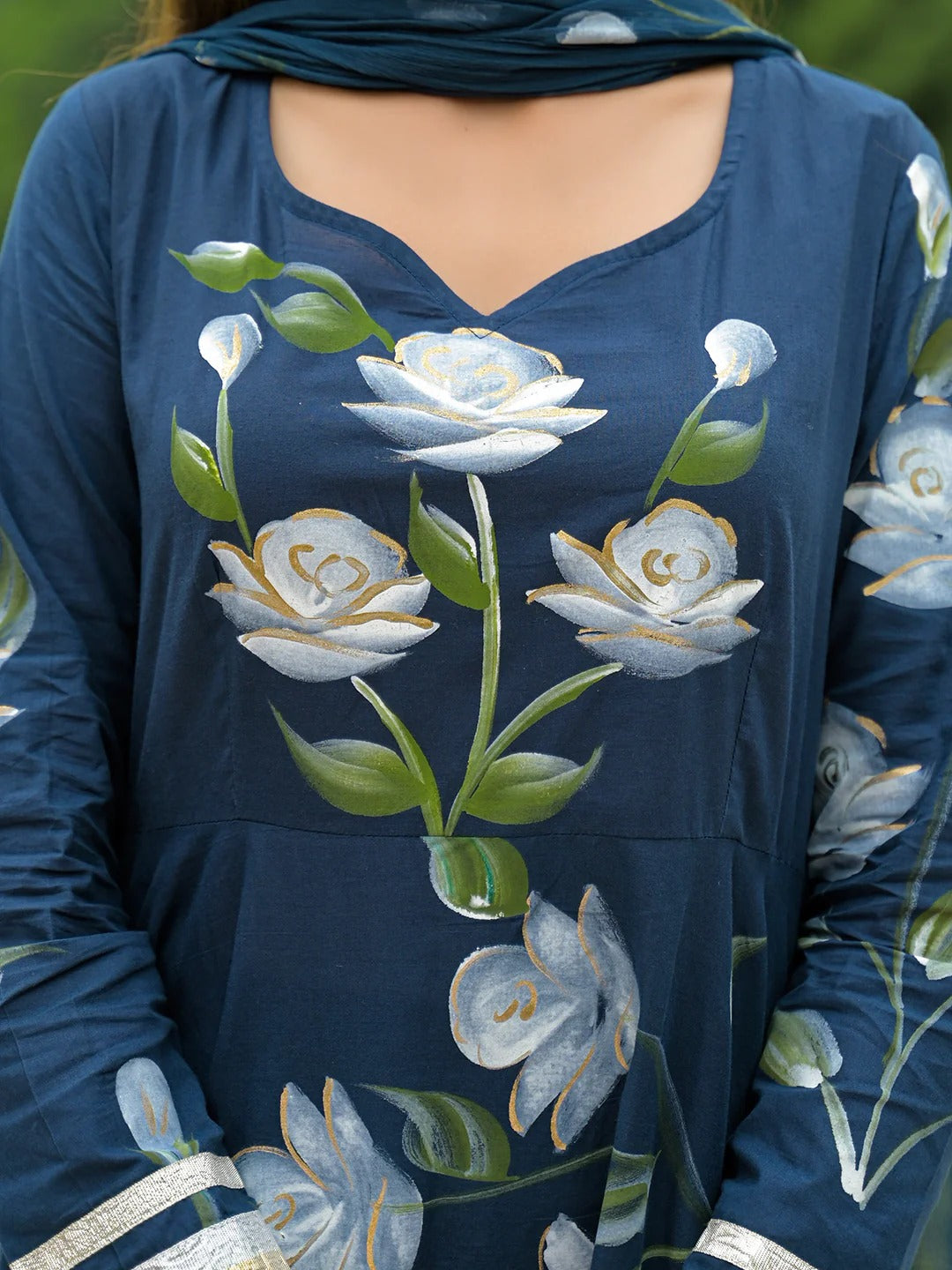 Blue Hand Painted Cotton Anarkali Kurta Pant With Dupatta