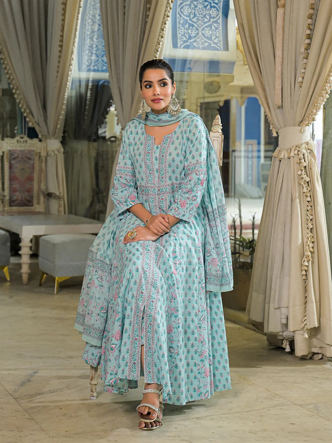 Sky Blue Ethnic Motif Cotton Anarkali Kurta Pant With Dupatta