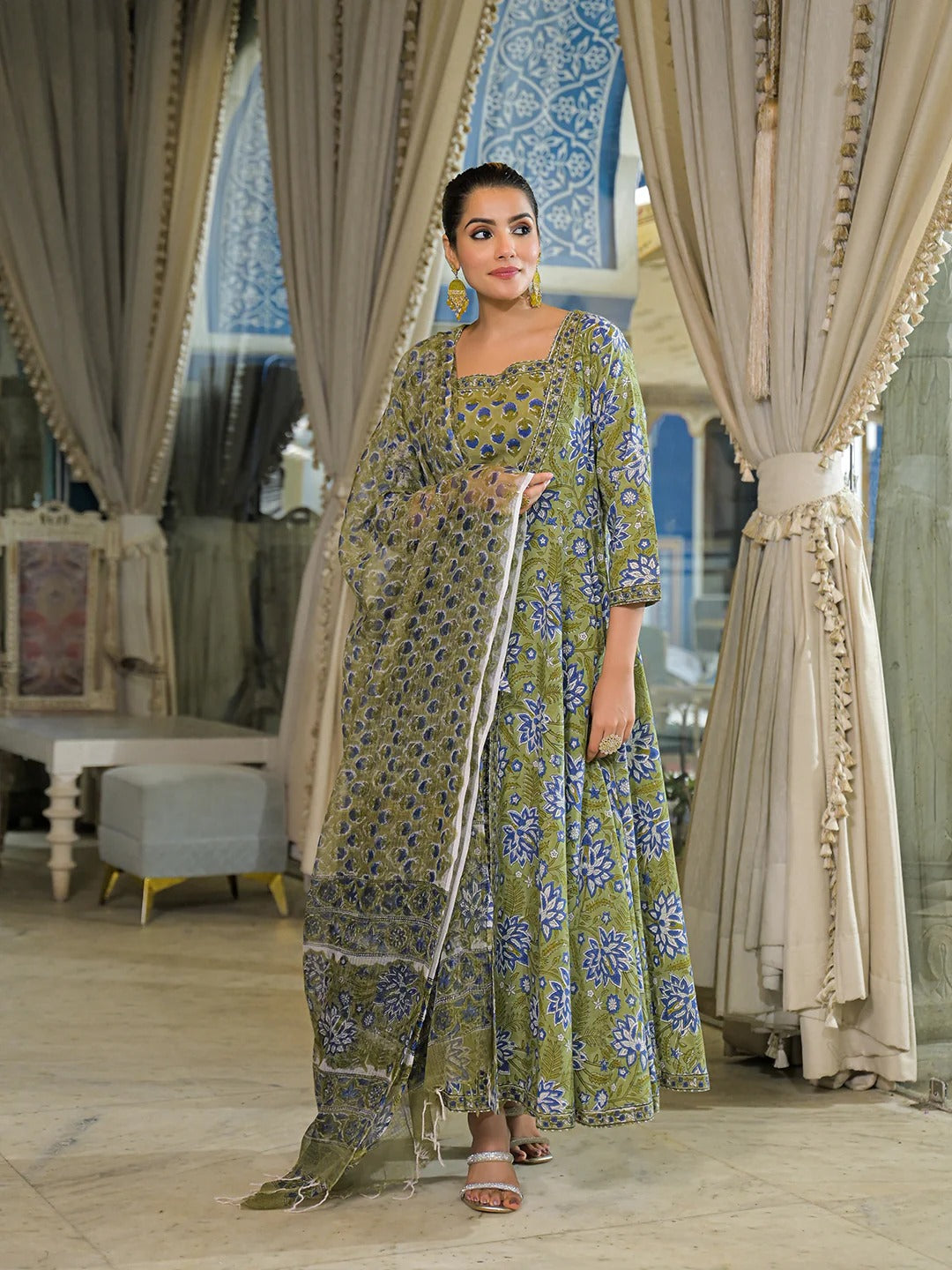 Green Hand Block Cotton Anarkali Kurta Pant With Dupatta & jacket