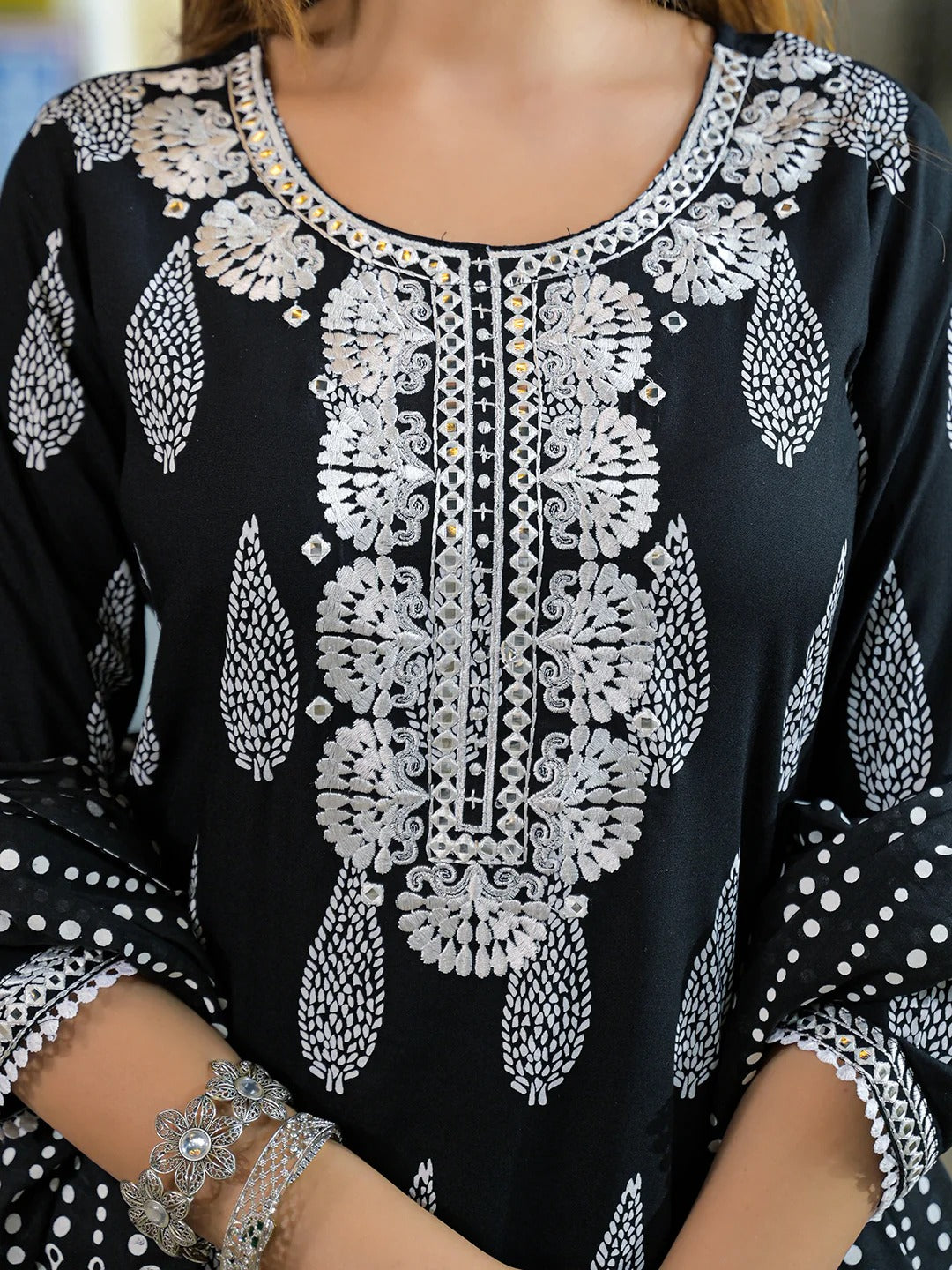Black Embroidered Cotton Straight Kurta Pant Set With Dupatta