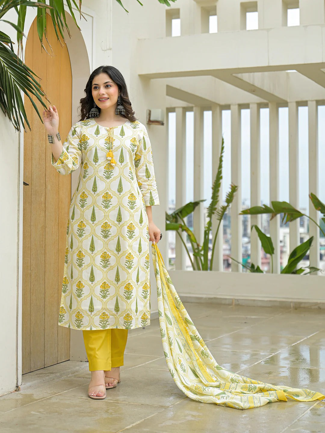 Yellow Cotton Straight Kurta Pant Set with Dupattta