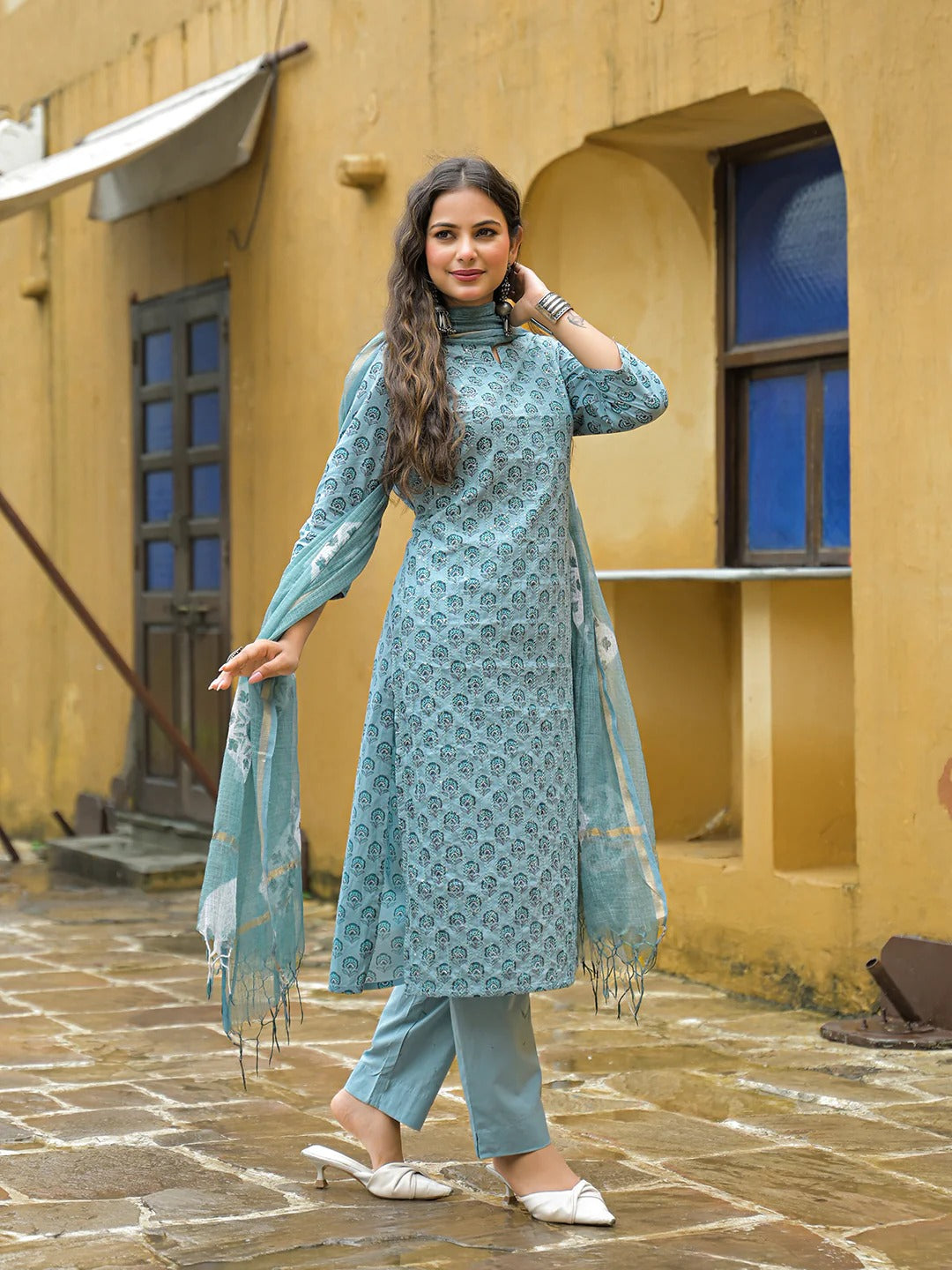 Blue Embroidered Kurta Pant Set With Dupatta