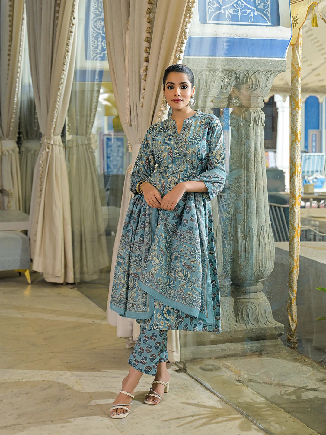 Blue Floral Print Cotton A-Line Kurta Pant With Dupatta