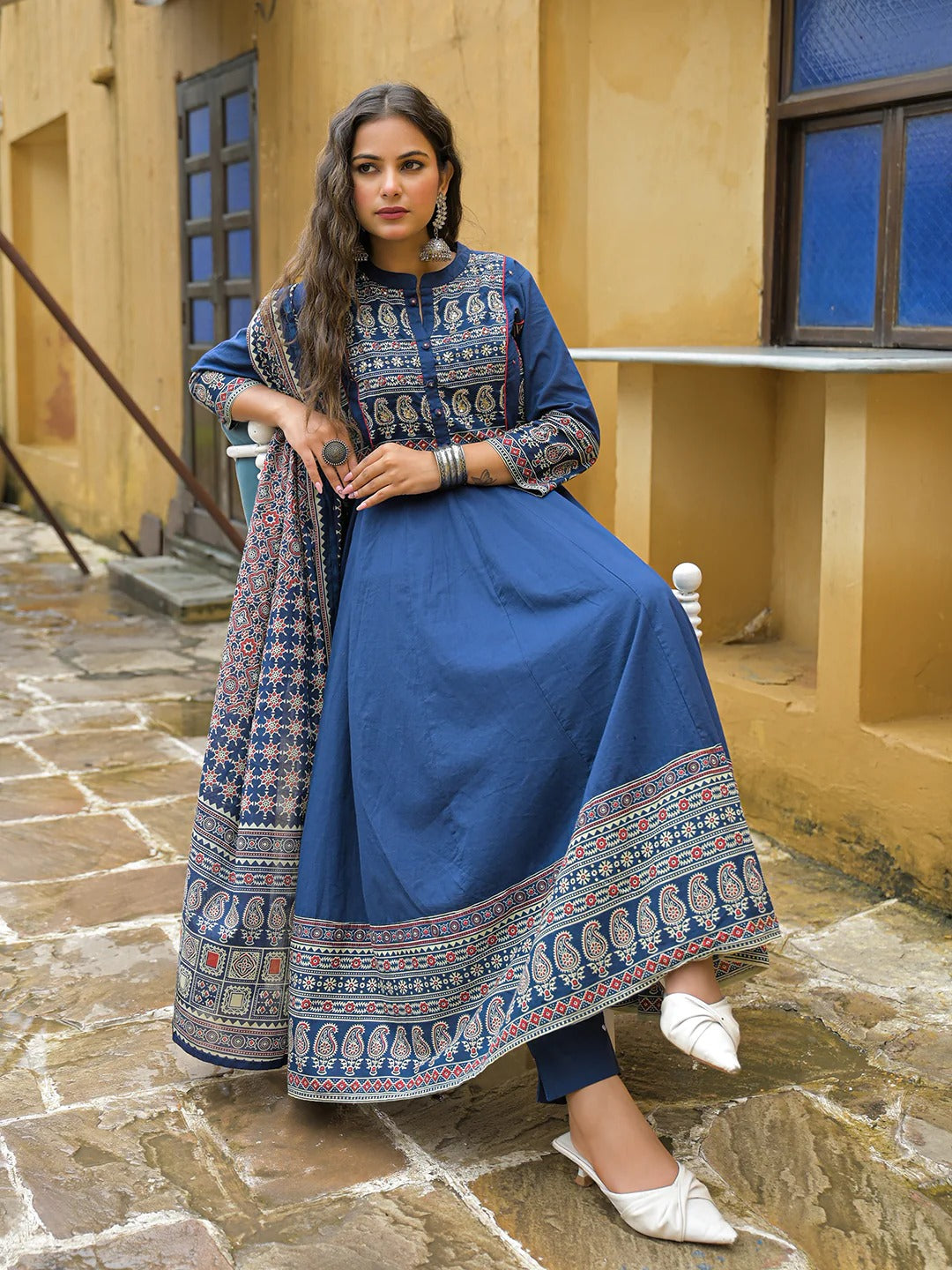Blue Paisley Print Cotton Anarkali Kurta Pant Set With Dupatta