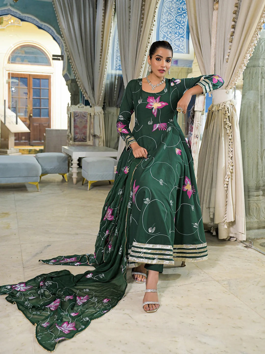 Dark Green Hand Painted Cotton Anarkali Kurta Pant With Dupatta