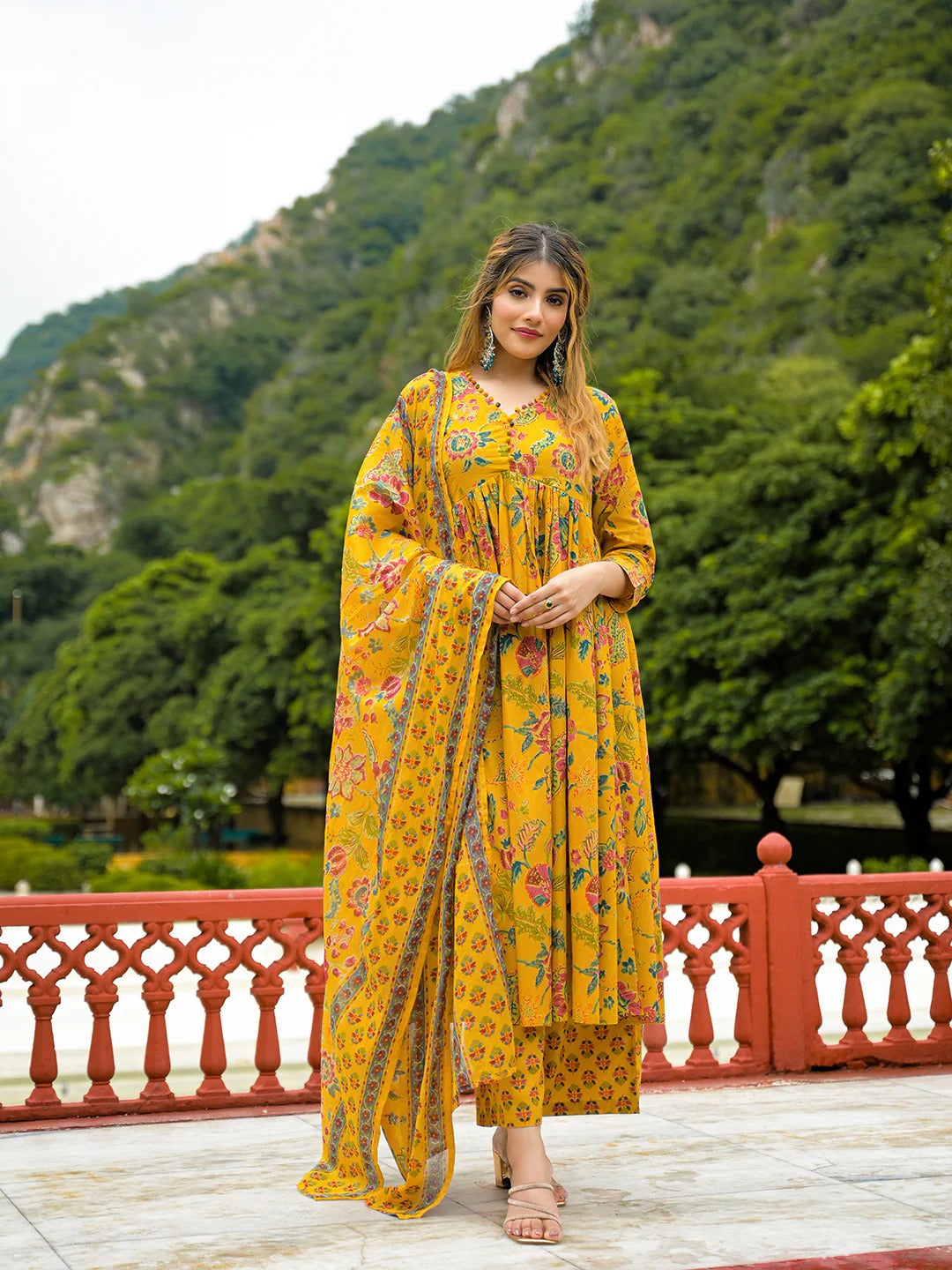 Mustard Floral Print Cotton Anarkali Kurta Pant Set With Dupatta