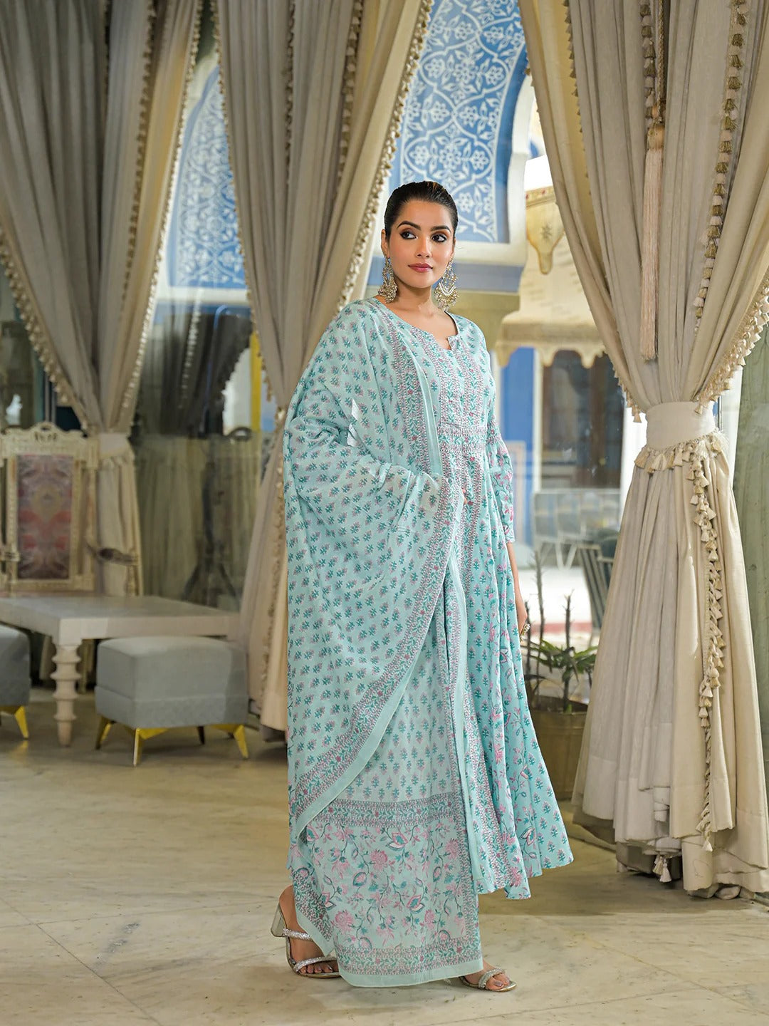 Sky Blue Ethnic Motif Cotton Anarkali Kurta Pant With Dupatta