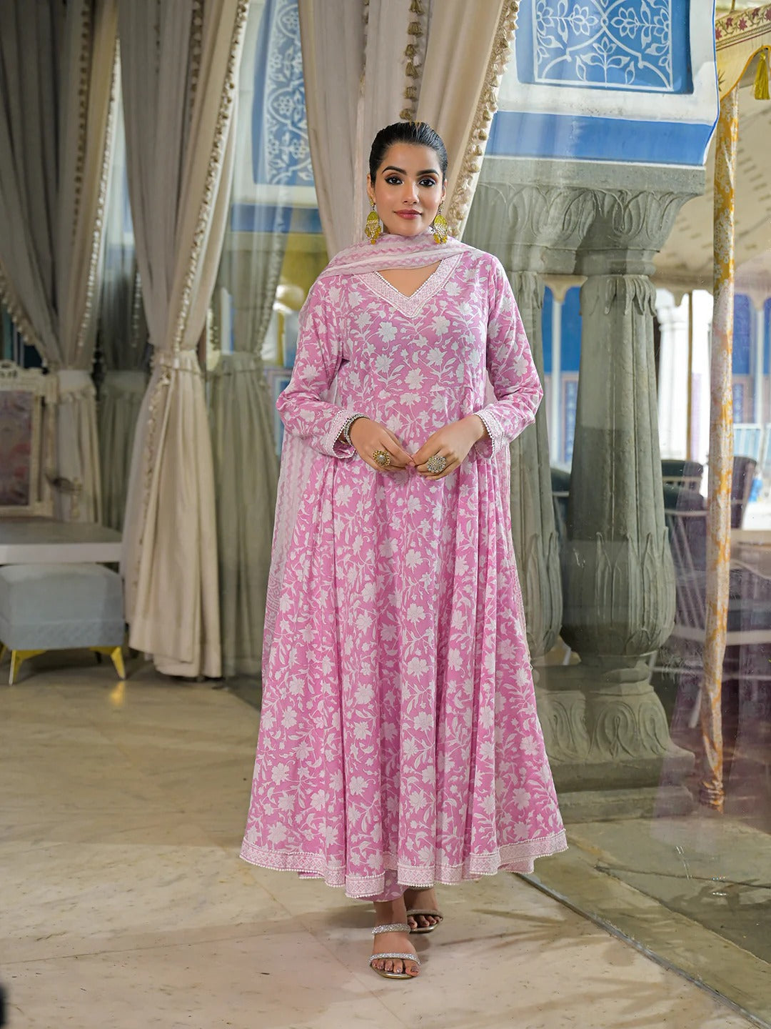 Pink Hand Block Cotton Anarkali Kurta Pant With Dupatta