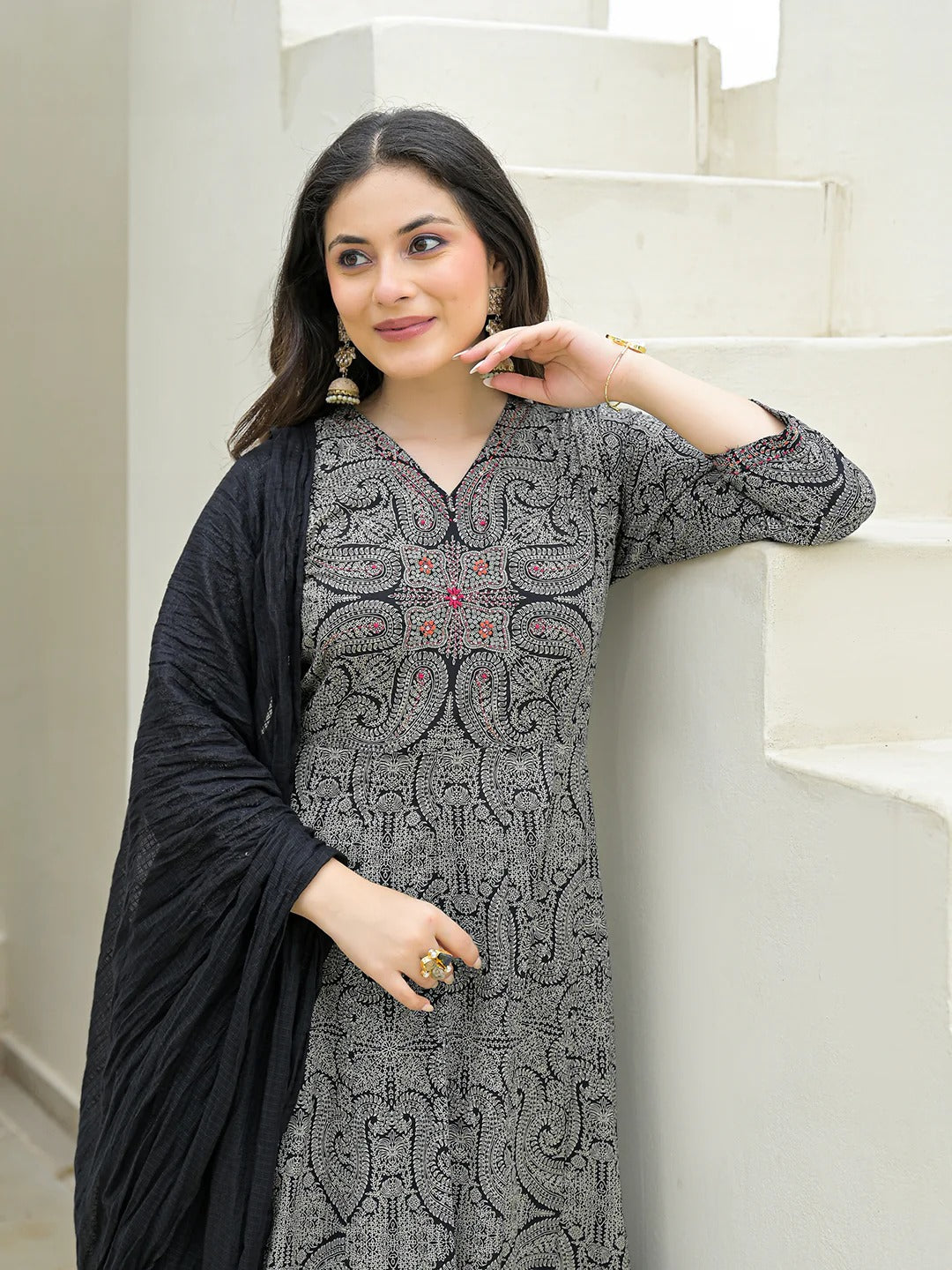 Black Cotton Anarkali kurta Pant Set with Dupatta