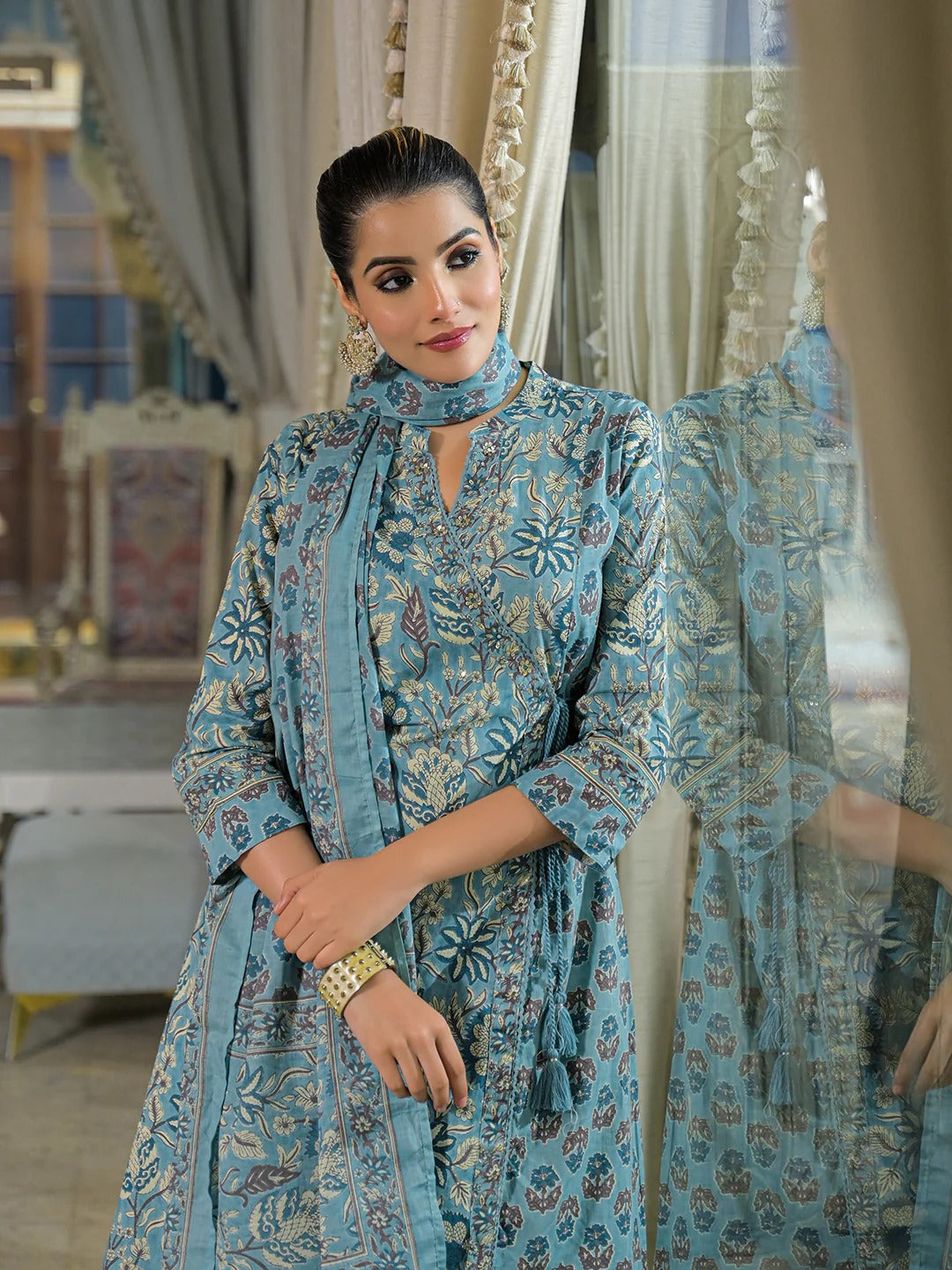 Blue Floral Print Cotton A-Line Kurta Pant With Dupatta