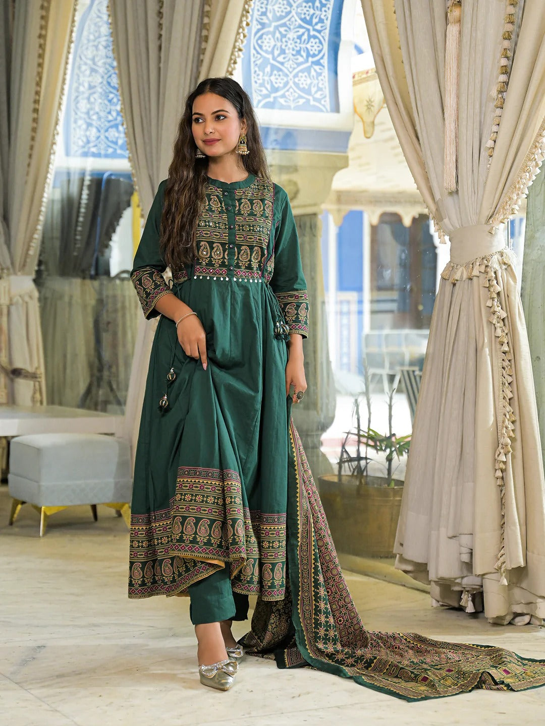 Green Paisley Print Cotton Anarkali Kurta Pant Set With Dupatta