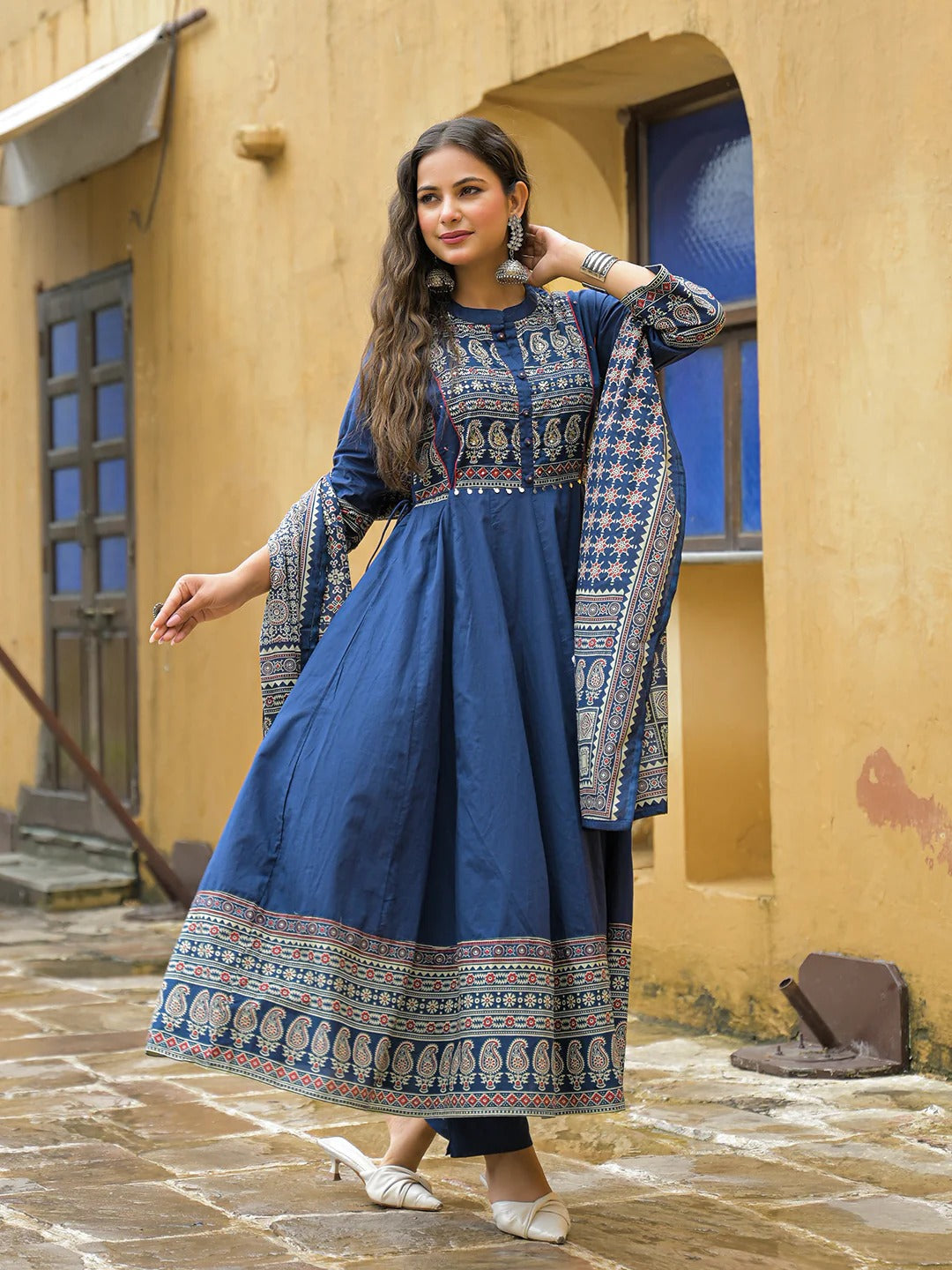 Blue Paisley Print Cotton Anarkali Kurta Pant Set With Dupatta