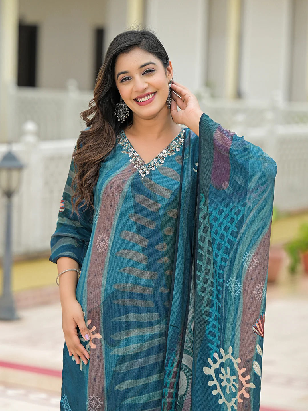 Blue Pure Crepe Digital Print Kurta Pant Set With Dupatta