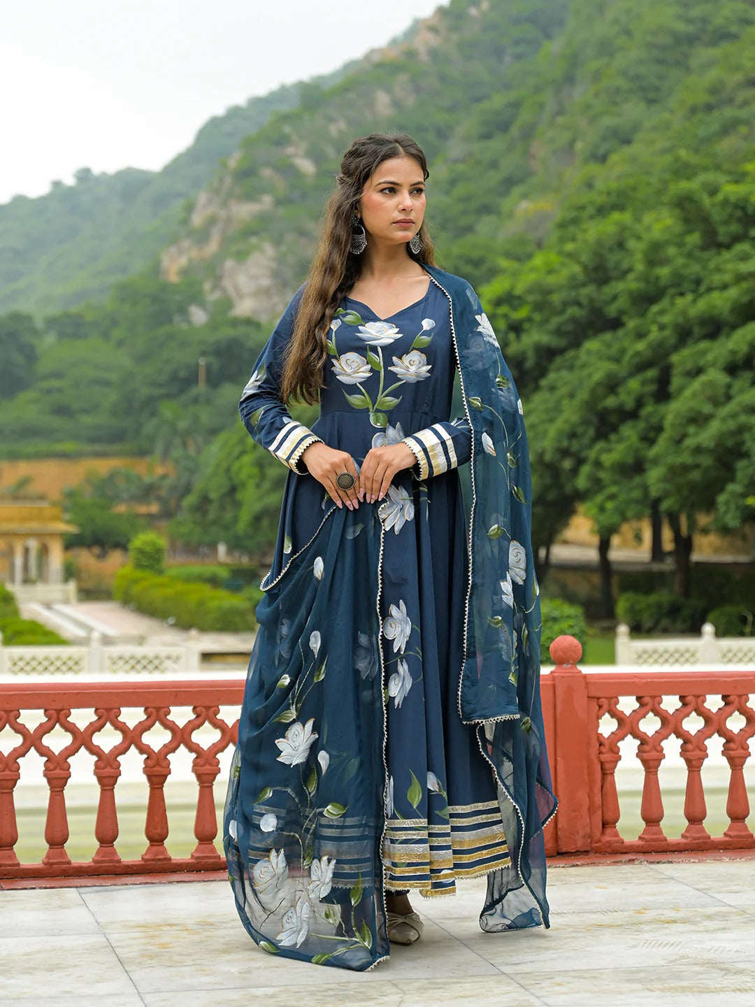 Blue Hand Painted Cotton Anarkali Kurta Pant With Dupatta