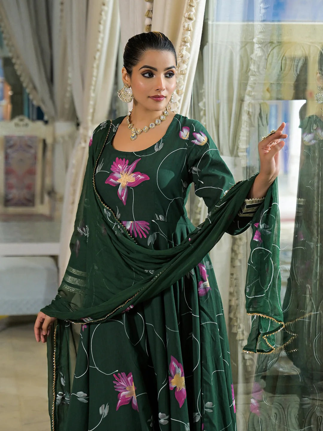 Dark Green Hand Painted Cotton Anarkali Kurta Pant With Dupatta