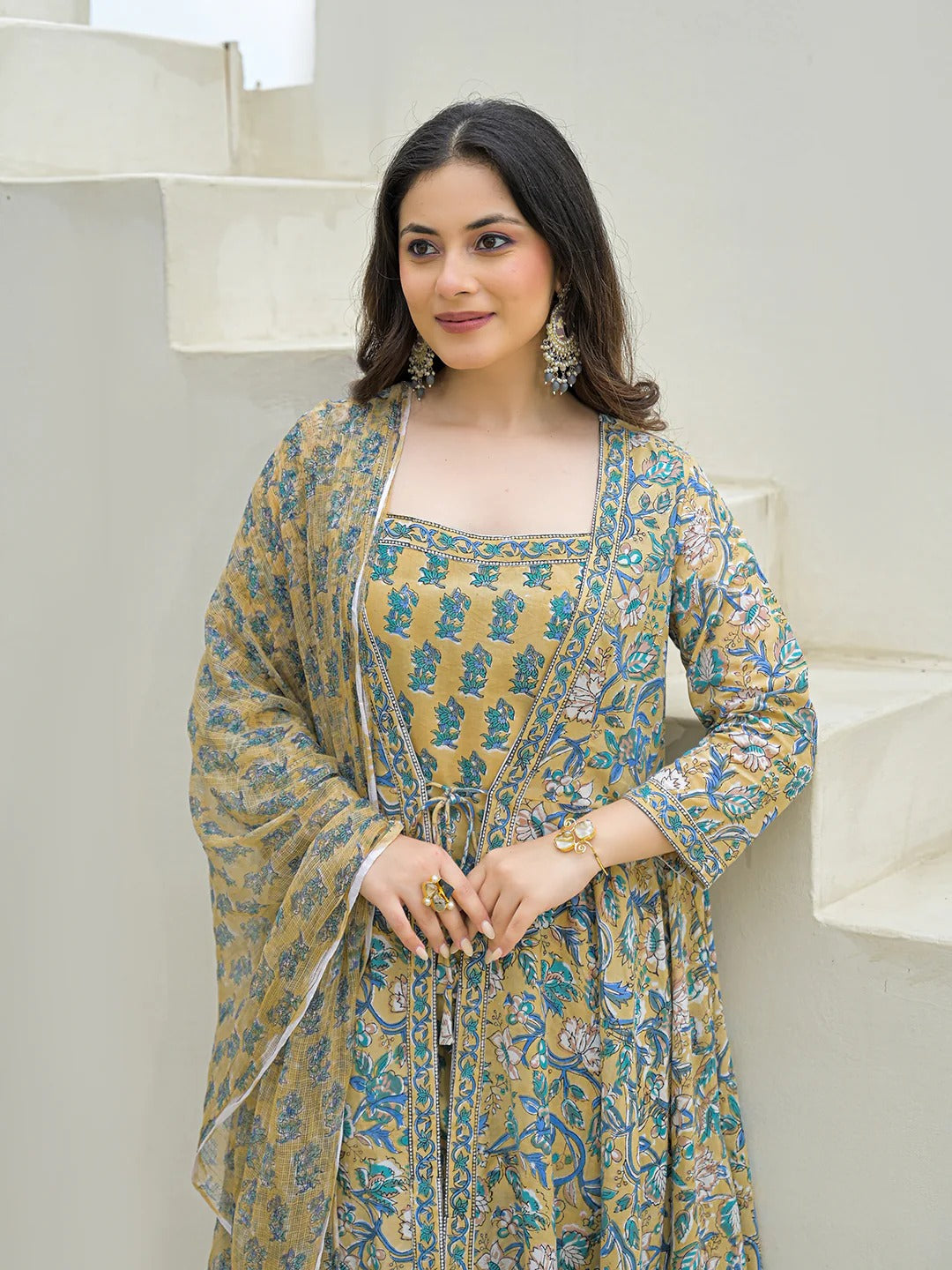 Beige Cotton Hand Block Anarkali Kurta Pant Sets Dupatta with Jecket