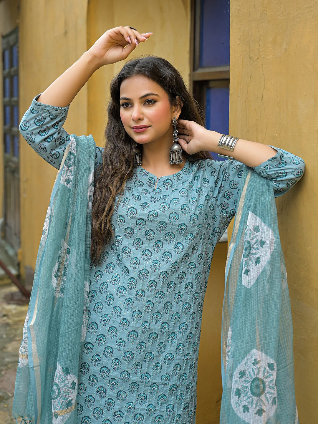 Blue Embroidered Kurta Pant Set With Dupatta