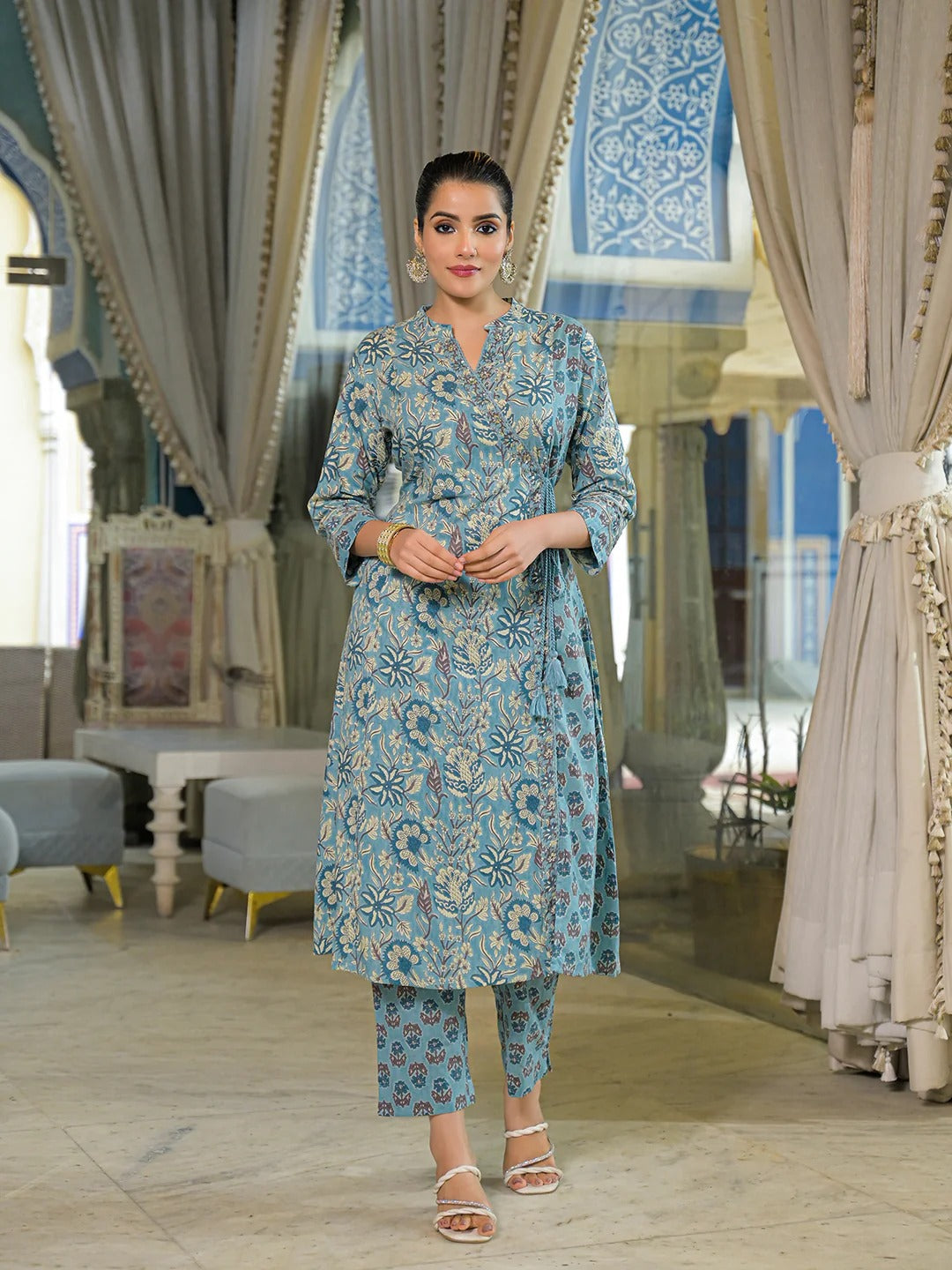 Blue Floral Print Cotton A-Line Kurta Pant With Dupatta