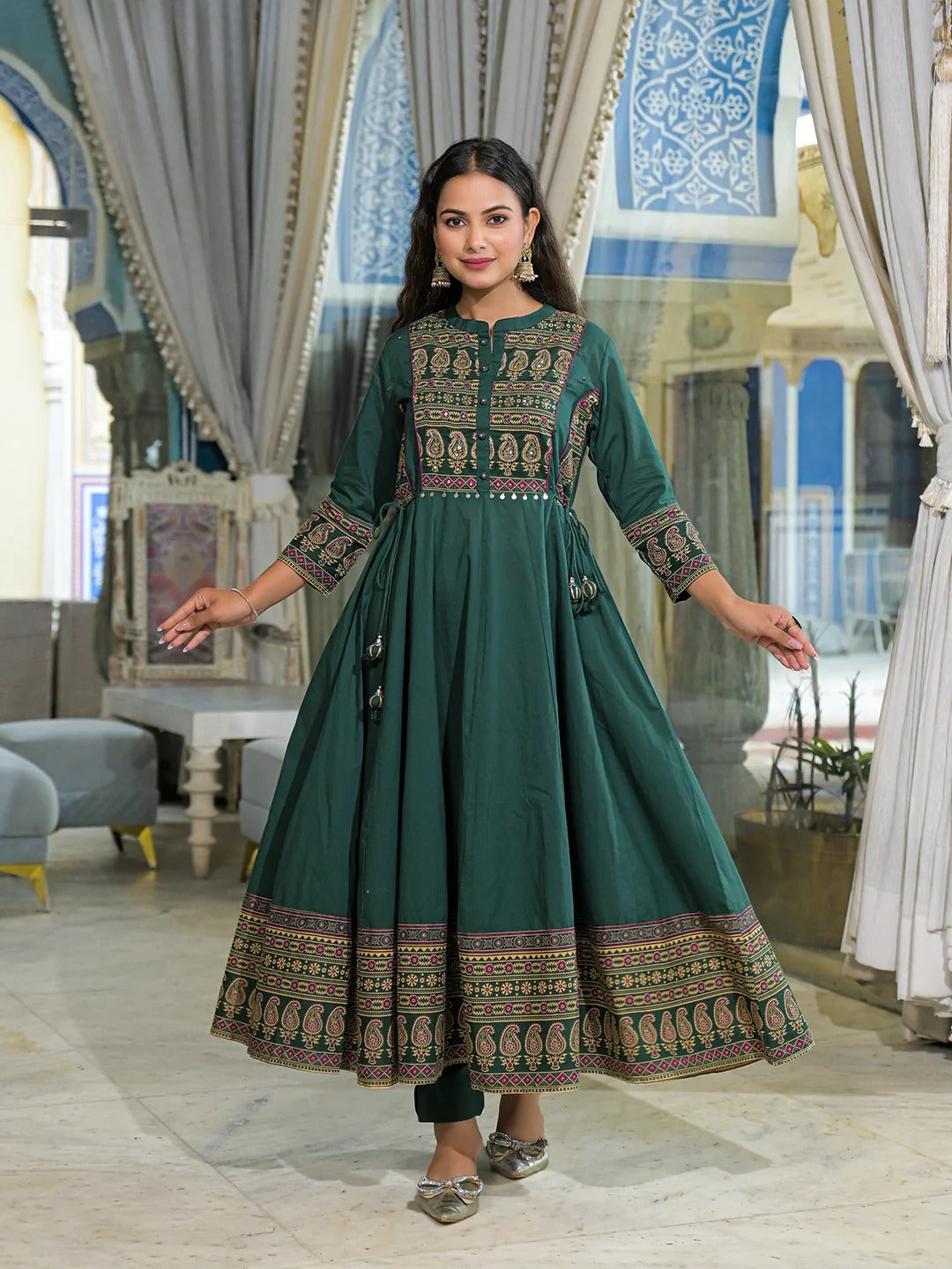 Green Paisley Print Cotton Anarkali Kurta Pant Set With Dupatta